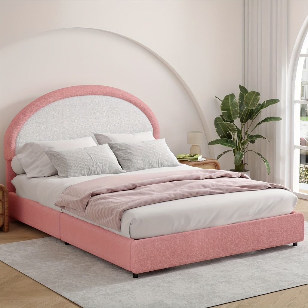 Twin Full Queen Size Bed Frame, Boucle Upholstered Platform Bed With Headboard, Soft Rounded Corners, No Box Spring Required, Easy Assembly, Pink\u002FWhite\u002FGrey