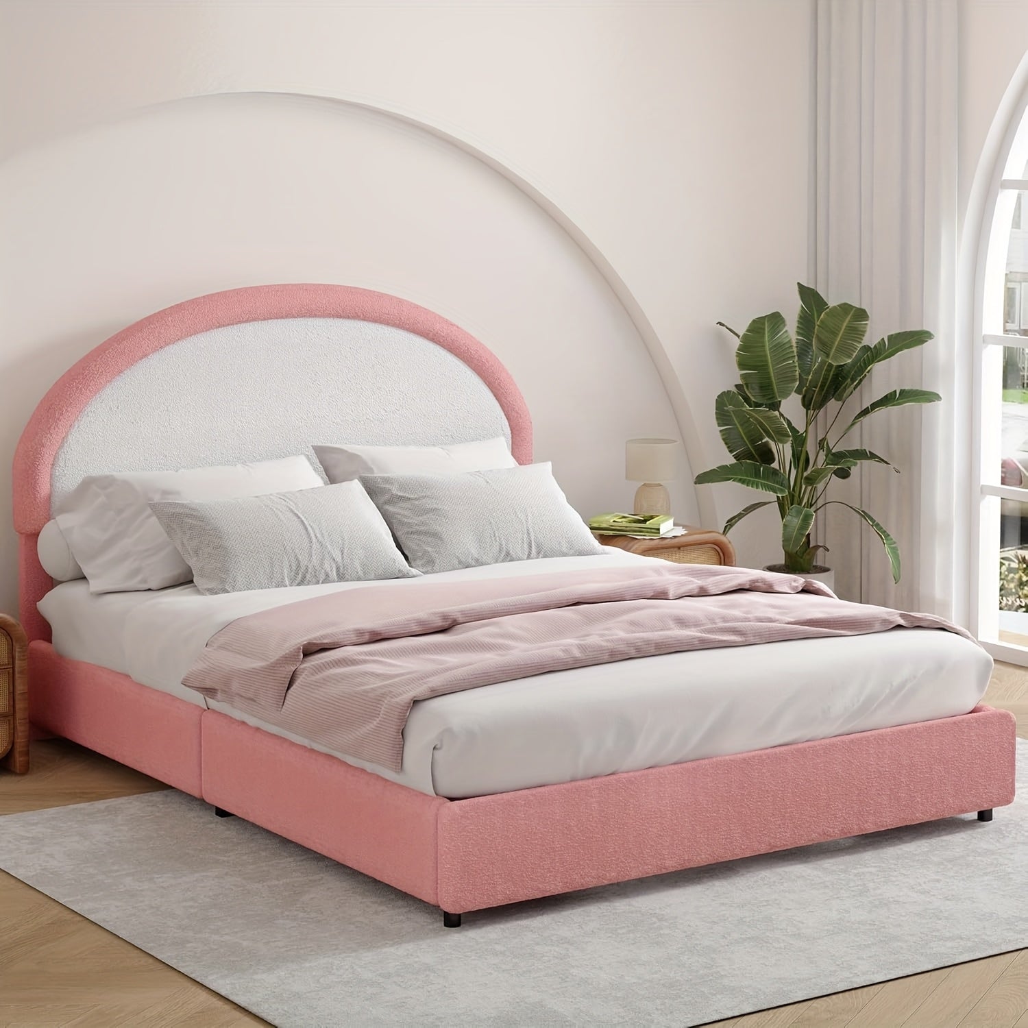 Twin Full Queen Size Bed Frame, Boucle Upholstered Platform Bed With Headboard, Soft Rounded Corners, No Box Spring Required, Easy Assembly, Pink\u002FWhite\u002FGrey