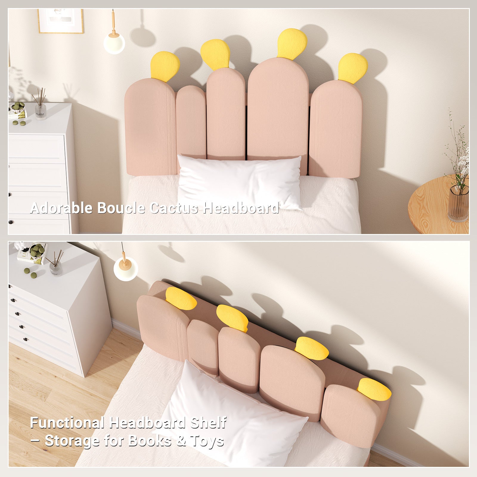 Boucle Bed Frame with Headboard .Cactus Upholstered Platform Bed, Soft Rounded Corners, Solid Wood Slats Support\u002FNo Box Spring Needed