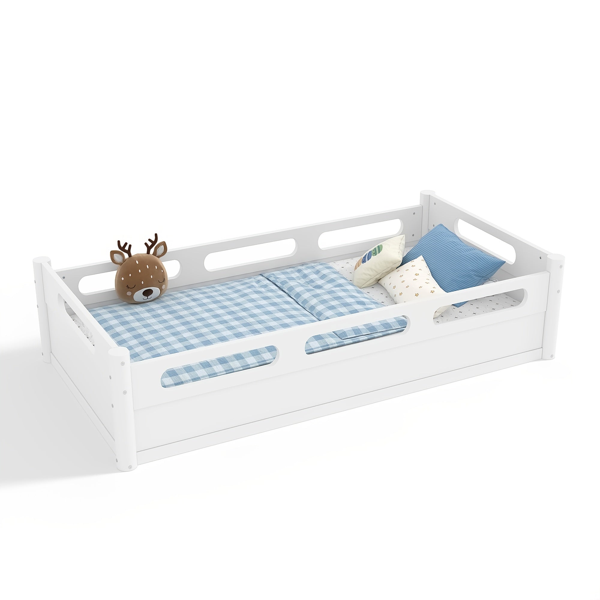 BELLEMAVE Twin Size Floor Platform Bed with Full-length Guardrails, Low Profile Twin Bed Frame, No Box Spring Needed, White