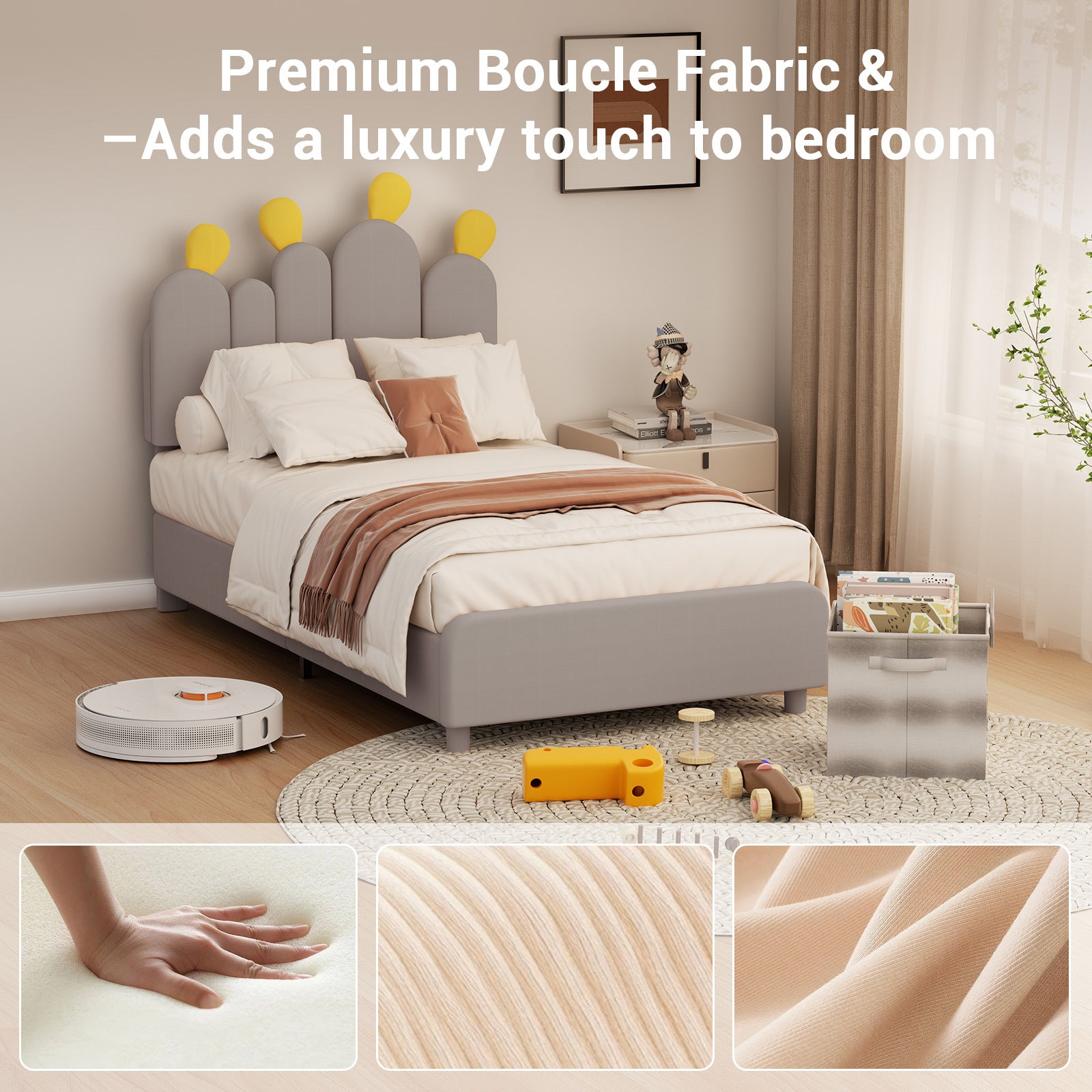 Boucle Bed Frame with Headboard .Cactus Upholstered Platform Bed, Soft Rounded Corners, Solid Wood Slats Support\u002FNo Box Spring Needed