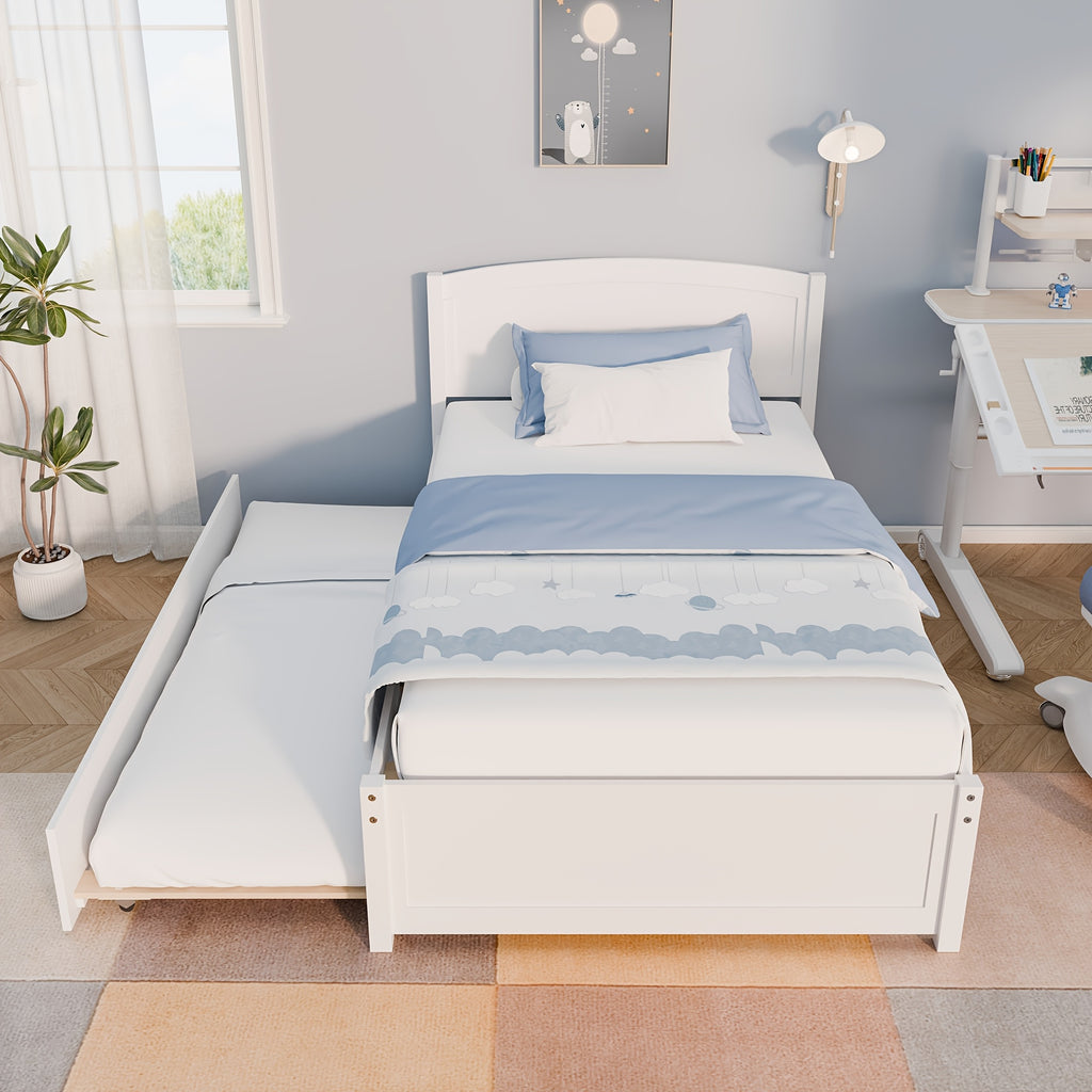 Twin Bed with Trundle, Wood Bed Frame with Headboard And Footboard Wood Platform Captain Beds