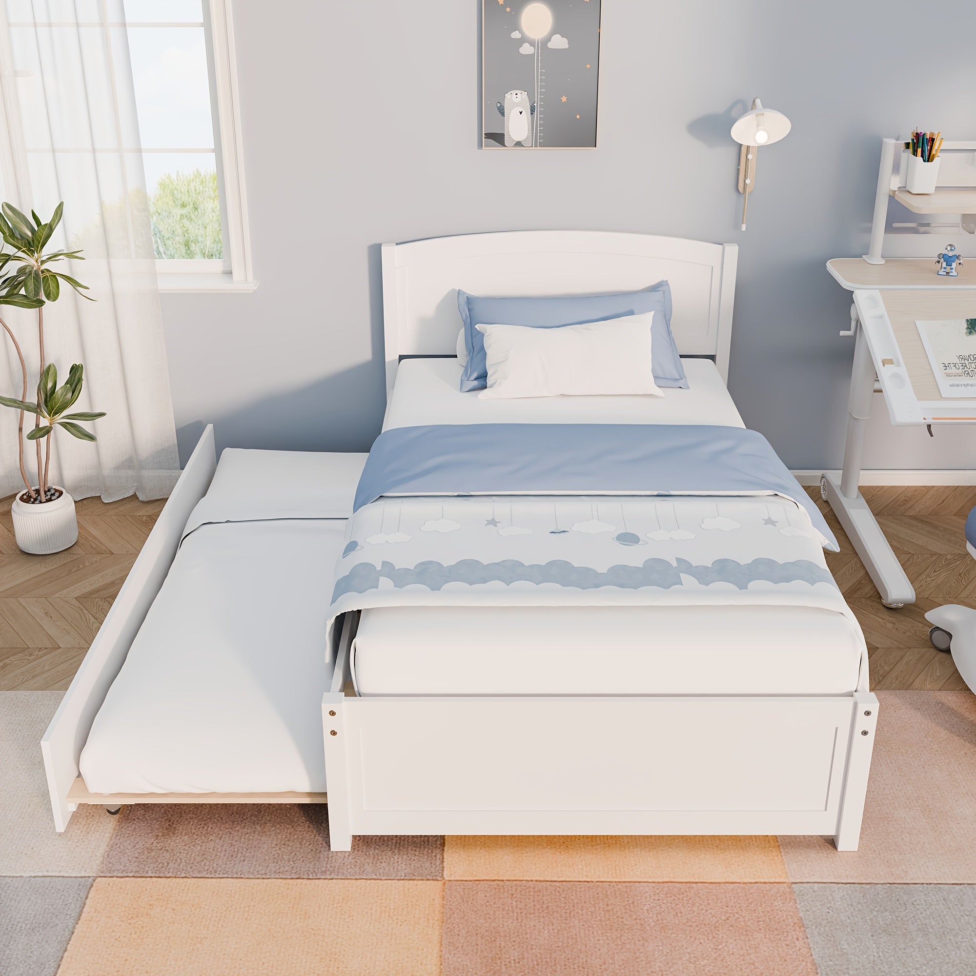 Twin Bed with Trundle, Wood Bed Frame with Headboard And Footboard Wood Platform Captain Beds