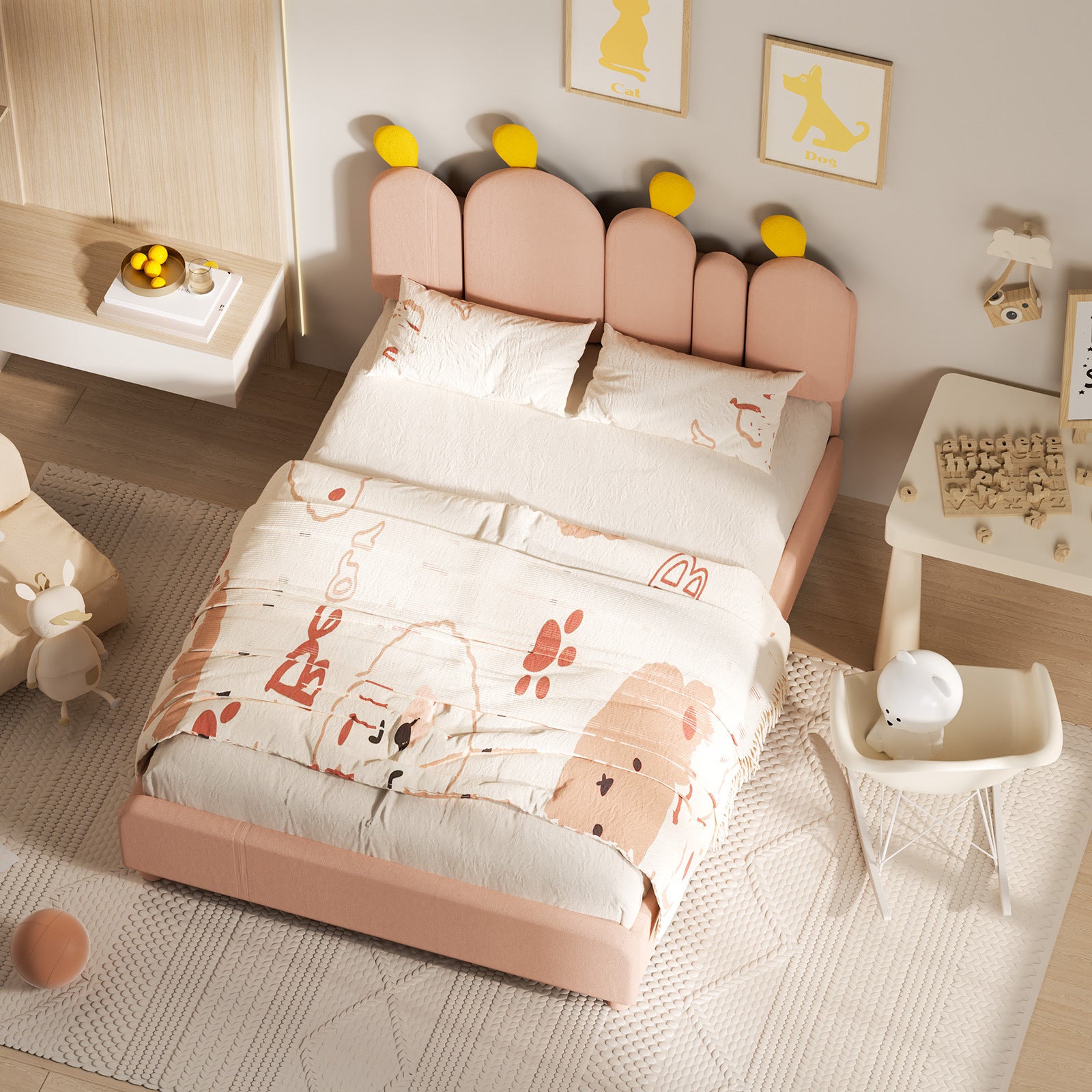 Boucle Bed Frame with Headboard .Cactus Upholstered Platform Bed, Soft Rounded Corners, Solid Wood Slats Support\u002FNo Box Spring Needed
