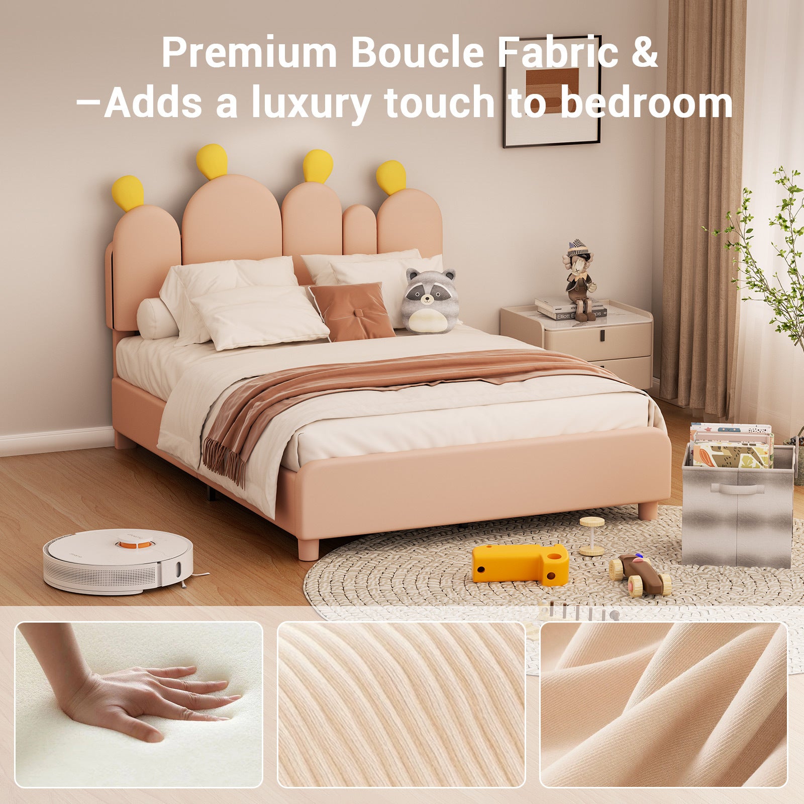 Boucle Bed Frame with Headboard .Cactus Upholstered Platform Bed, Soft Rounded Corners, Solid Wood Slats Support\u002FNo Box Spring Needed