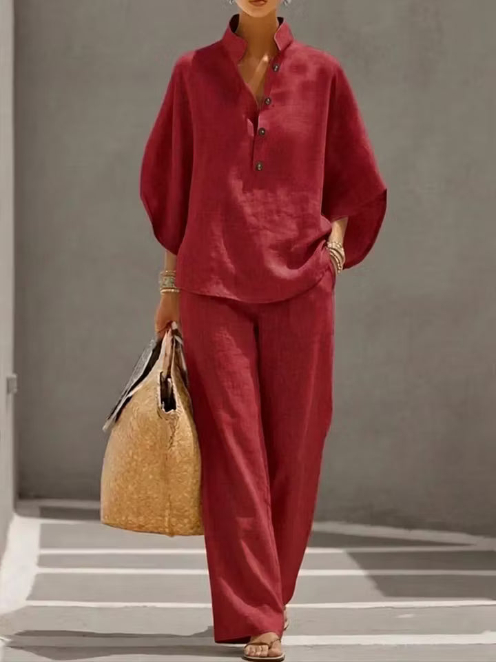 🔥Last Day 49% OFF🔥Women's Batwing Sleeve Linen Cotton Two-Piece Set – Casual Shirt & Wide Leg Pants Outfit