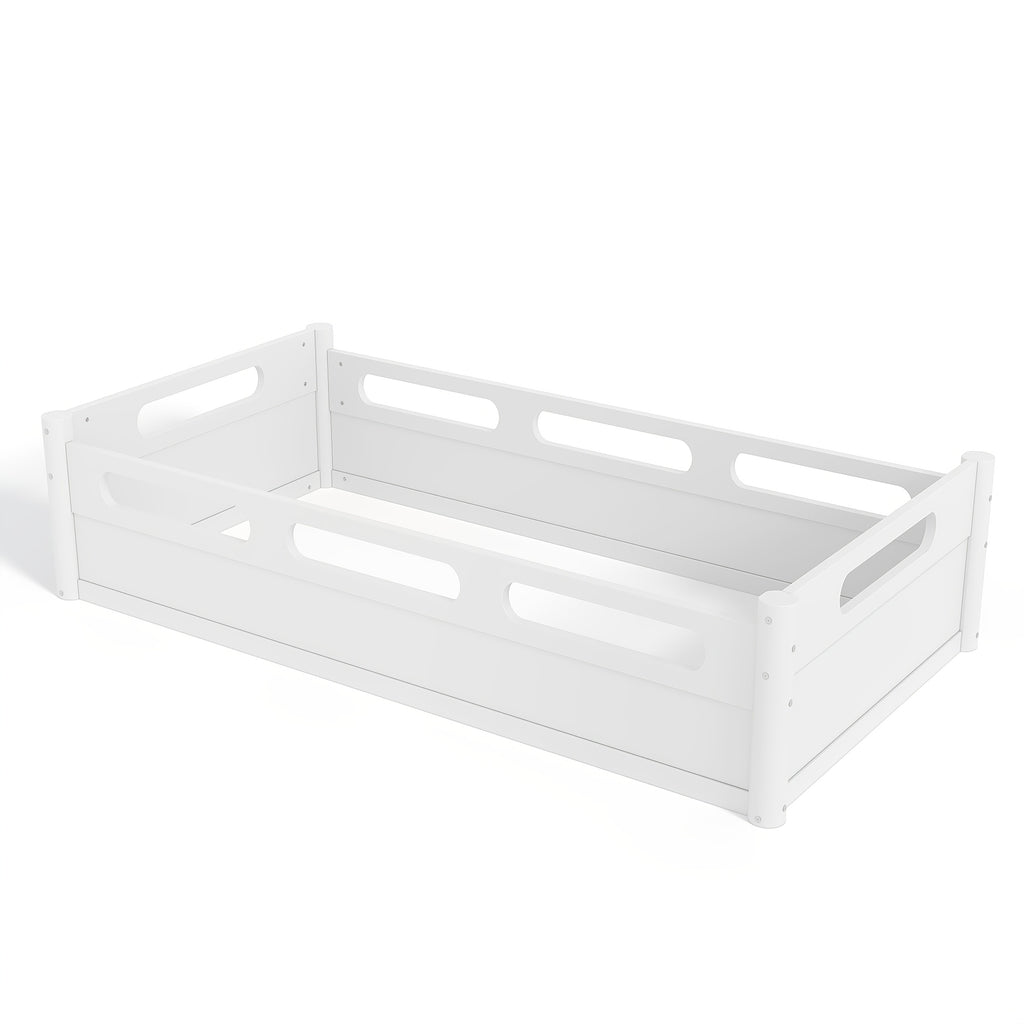 BELLEMAVE Twin Size Floor Platform Bed with Full-length Guardrails, Low Profile Twin Bed Frame, No Box Spring Needed, White