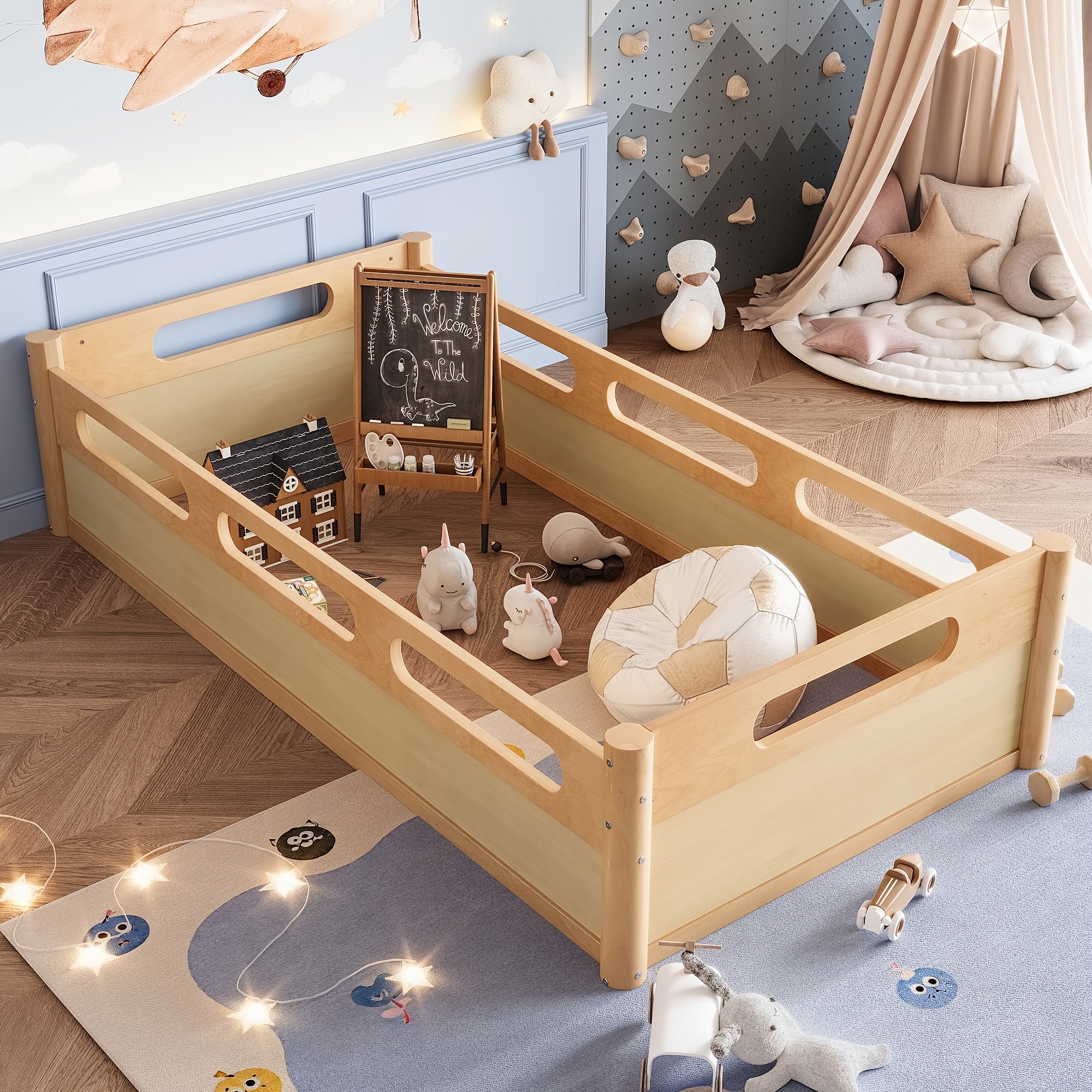 BELLEMAVE3 Different Sizes Of Floor Platform Beds with Full-length Guardrails, Low Bed Frame, No Need for Spring Boxes, Easy to Assemble, Suitable for Bedrooms, Guest Rooms, Apartments, And Dormitories