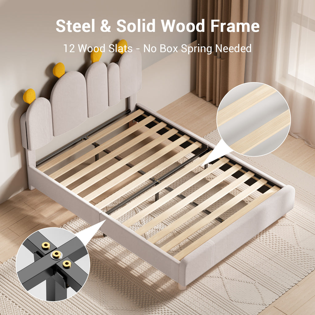 Boucle Bed Frame with Headboard .Cactus Upholstered Platform Bed, Soft Rounded Corners, Solid Wood Slats Support\u002FNo Box Spring Needed