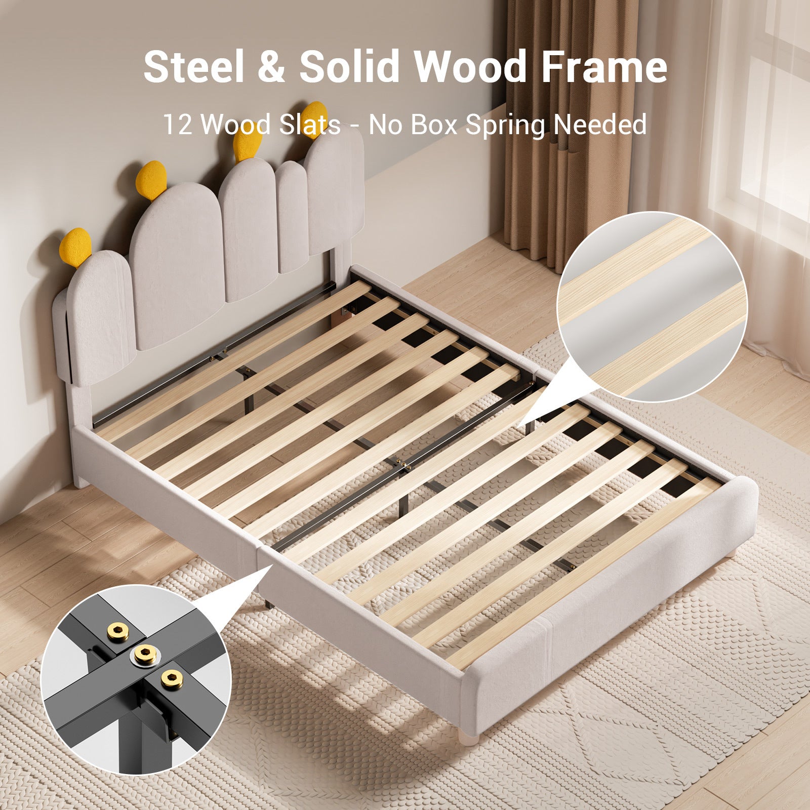 Boucle Bed Frame with Headboard .Cactus Upholstered Platform Bed, Soft Rounded Corners, Solid Wood Slats Support\u002FNo Box Spring Needed