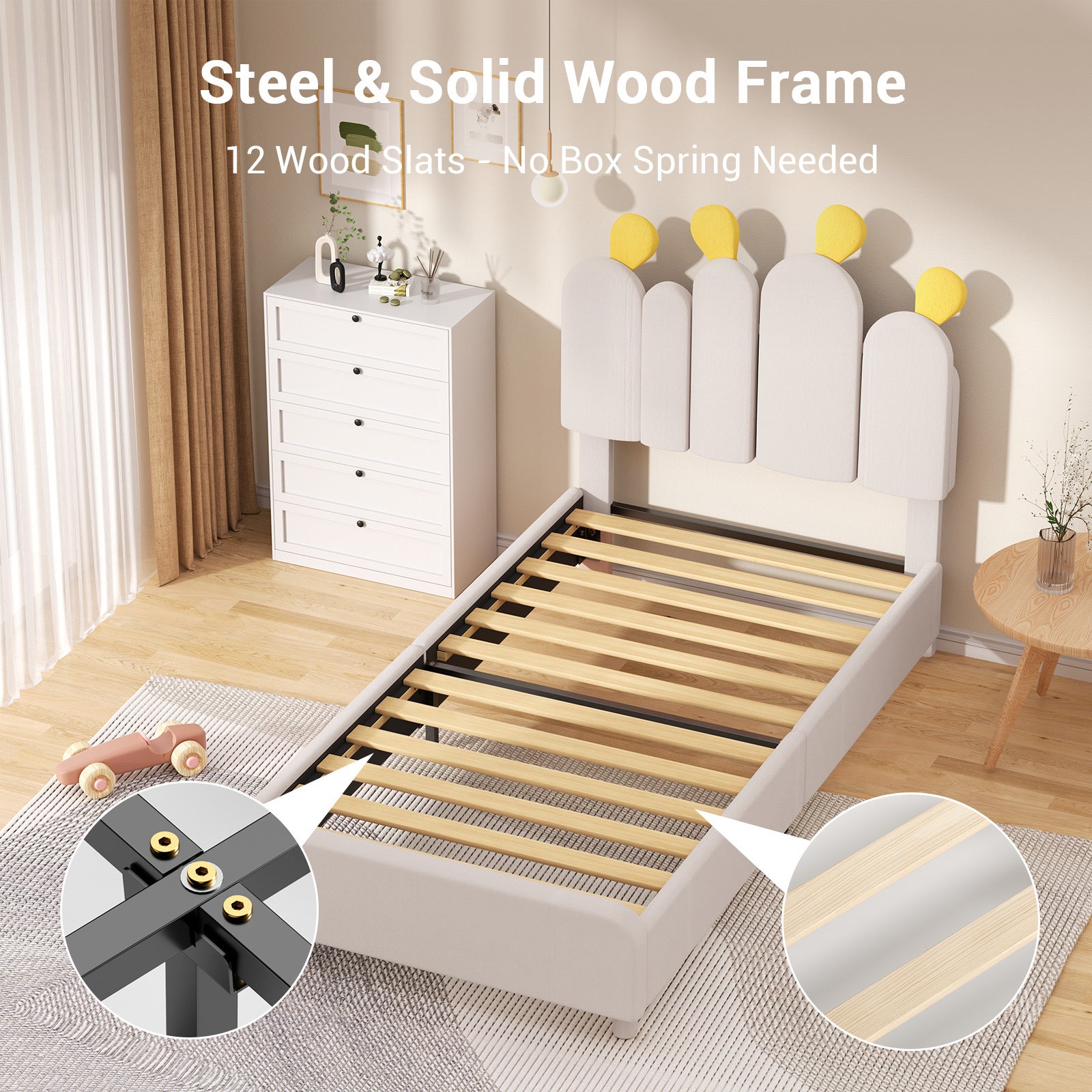 Boucle Bed Frame with Headboard .Cactus Upholstered Platform Bed, Soft Rounded Corners, Solid Wood Slats Support\u002FNo Box Spring Needed