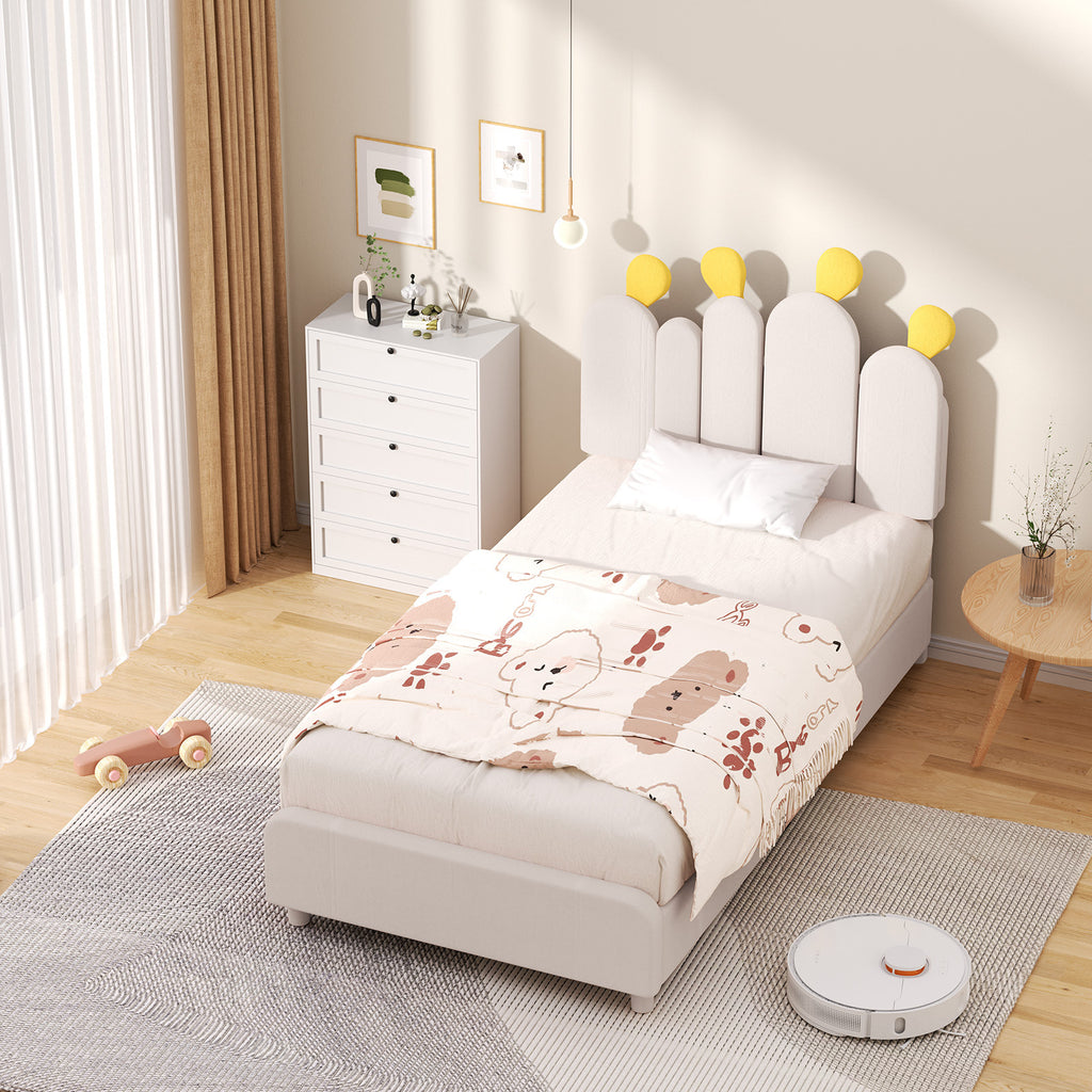 Boucle Bed Frame with Headboard .Cactus Upholstered Platform Bed, Soft Rounded Corners, Solid Wood Slats Support\u002FNo Box Spring Needed