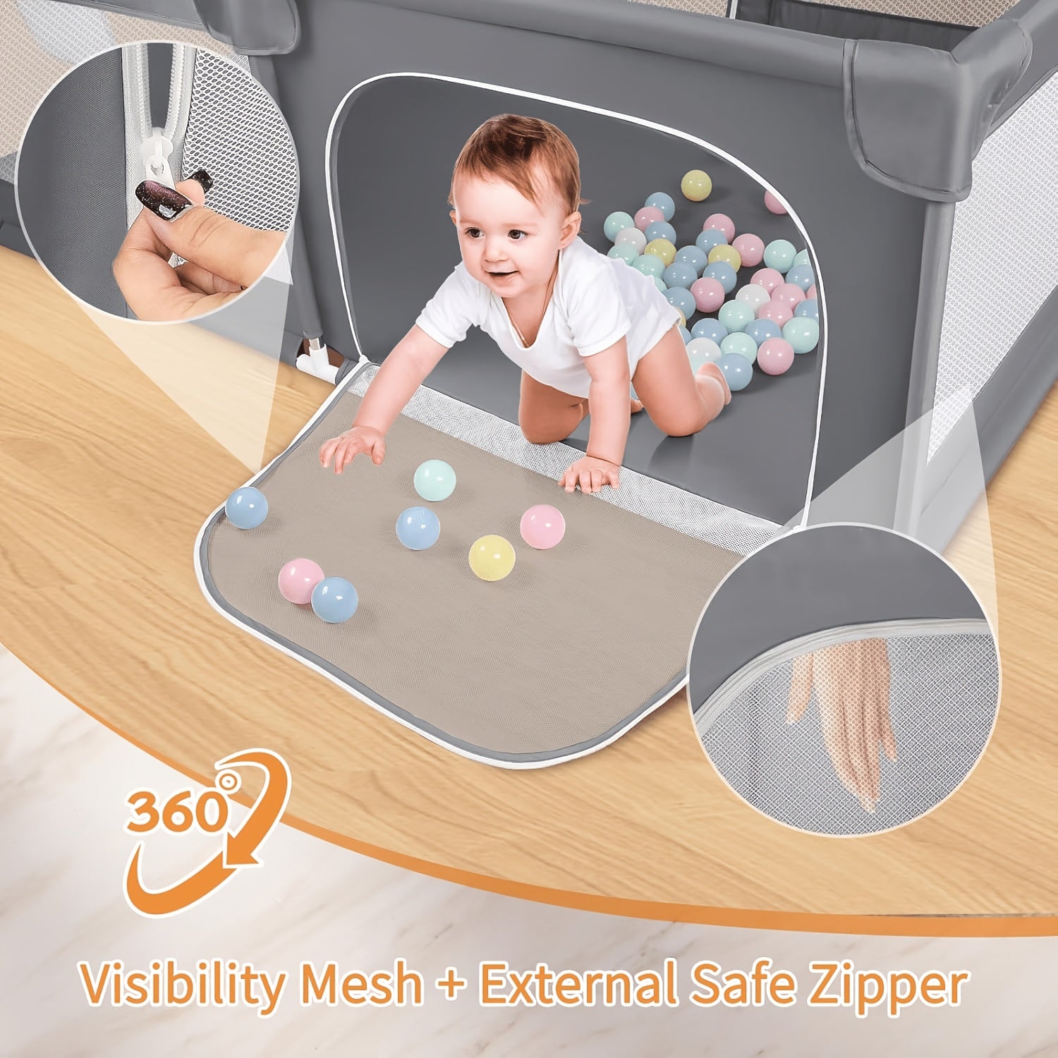 Large Baby Playpen 70.87*70.87inch (Grey\u002FBeige)Small Playpen for Babies And Toddlers Playards Indoor & Outdoor Safety Gate Floor Play Pen, Baby Play Area with Soft Breathable Visible Mesh, Anti-Fall, Indoors Playyard Fence Pin Corrales Para Babes