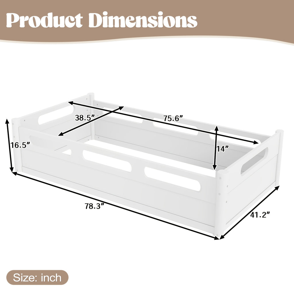 BELLEMAVE Twin Size Floor Platform Bed with Full-length Guardrails, Low Profile Twin Bed Frame, No Box Spring Needed, White