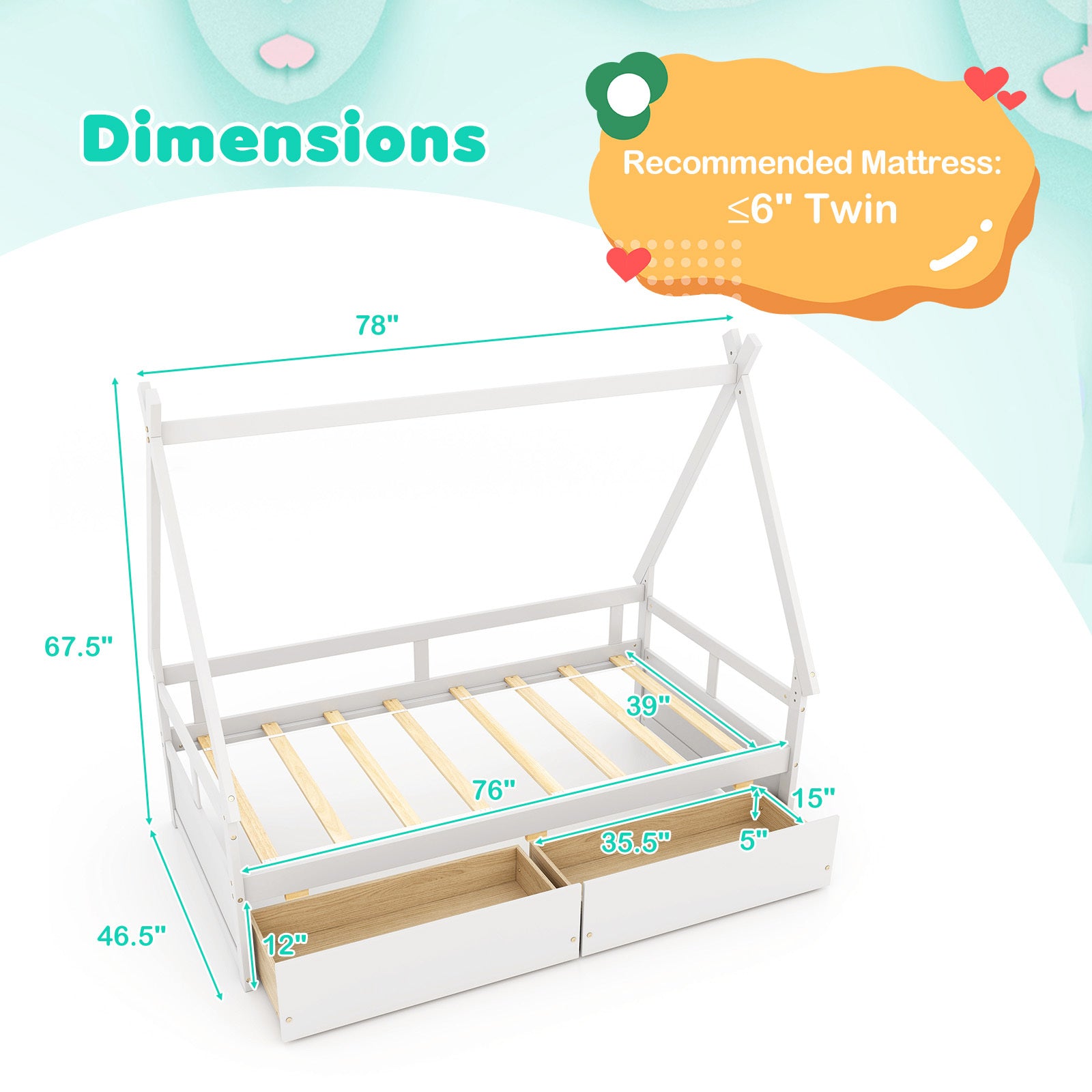 COSTWAY Classic Style Kids Daybed Frame, Hardwood & Wood-Based Panel Construction, Safety Guardrails, 2 Storage Drawers, Wood Slat Support, No Box Spring Required, for Ages 3-6 Years, Grey\u002FWhite