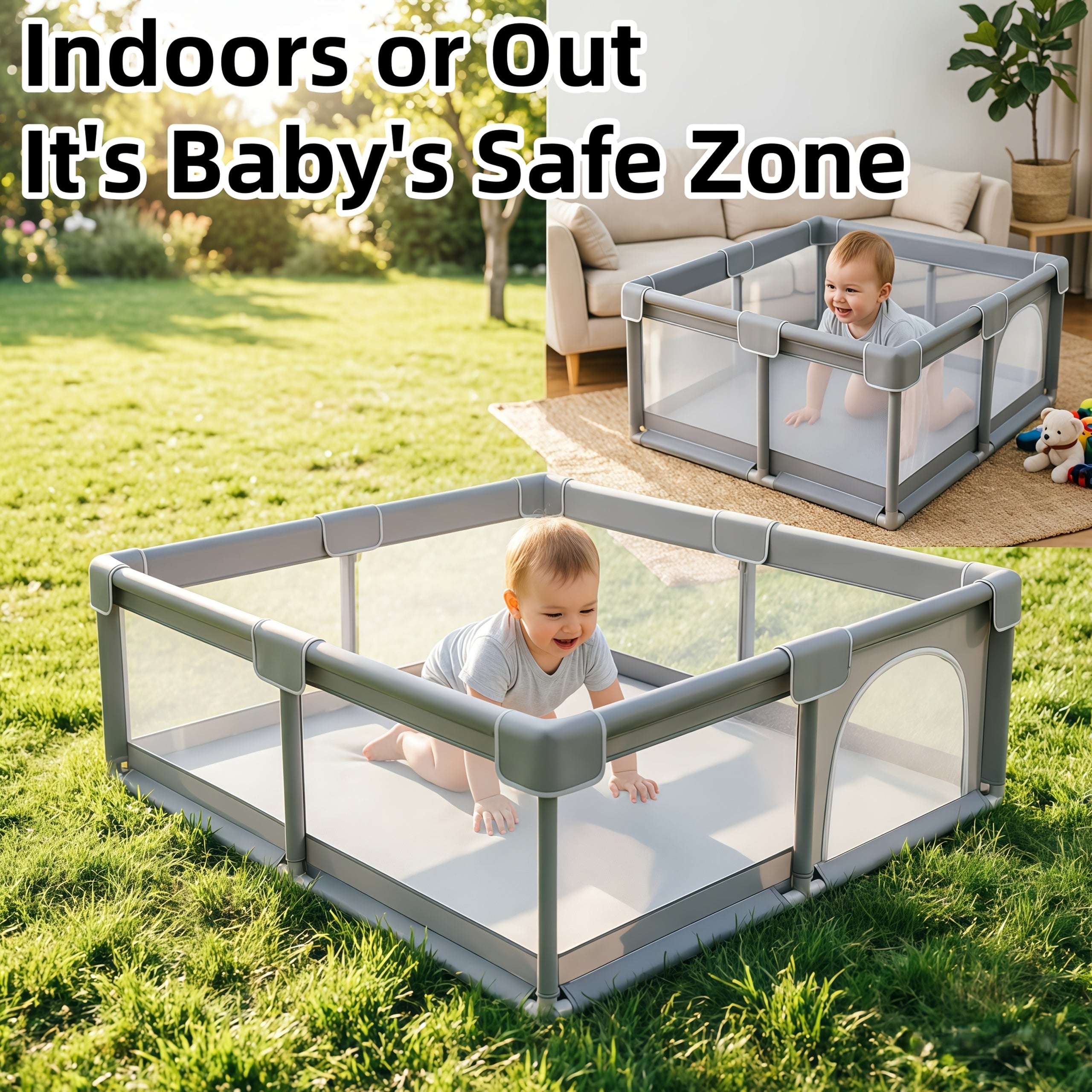 Large Baby Playpen 70.87*70.87inch (Grey\u002FBeige)Small Playpen for Babies And Toddlers Playards Indoor & Outdoor Safety Gate Floor Play Pen, Baby Play Area with Soft Breathable Visible Mesh, Anti-Fall, Indoors Playyard Fence Pin Corrales Para Babes