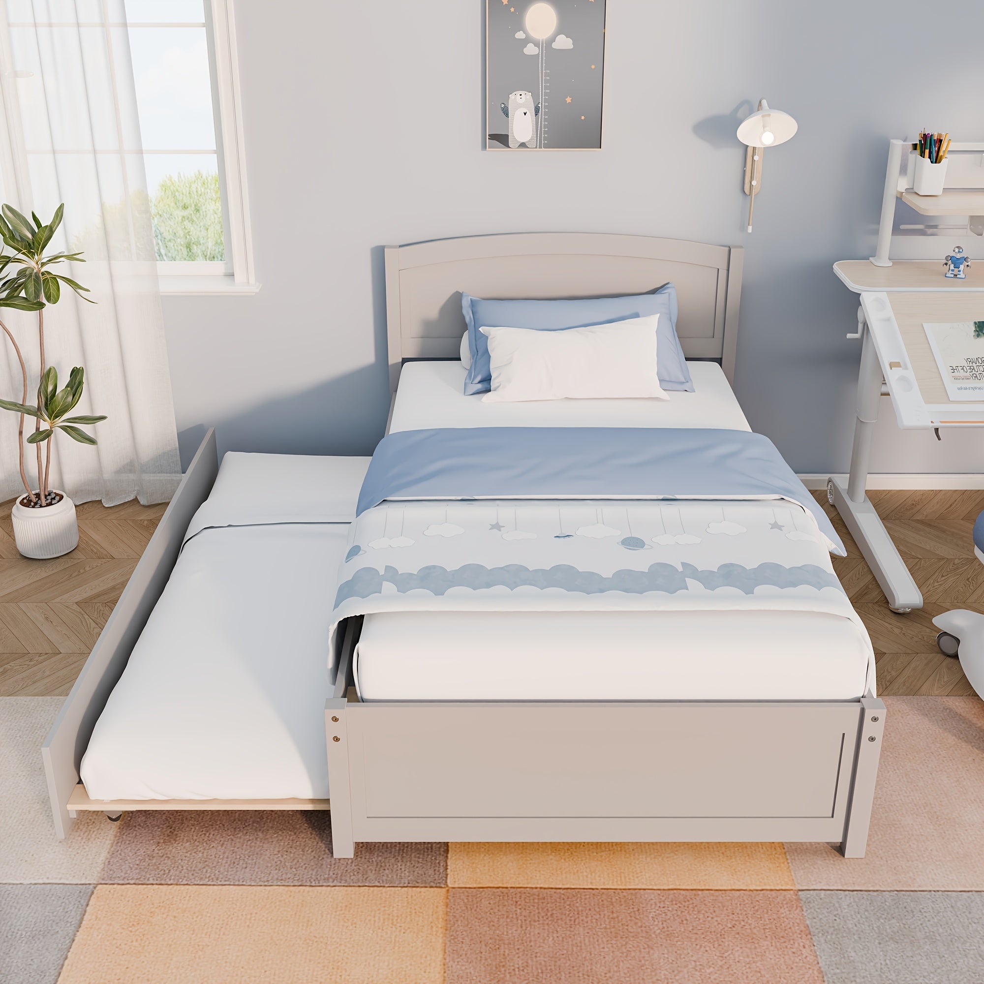 Twin Bed with Trundle, Wood Bed Frame with Headboard And Footboard Wood Platform Captain Beds