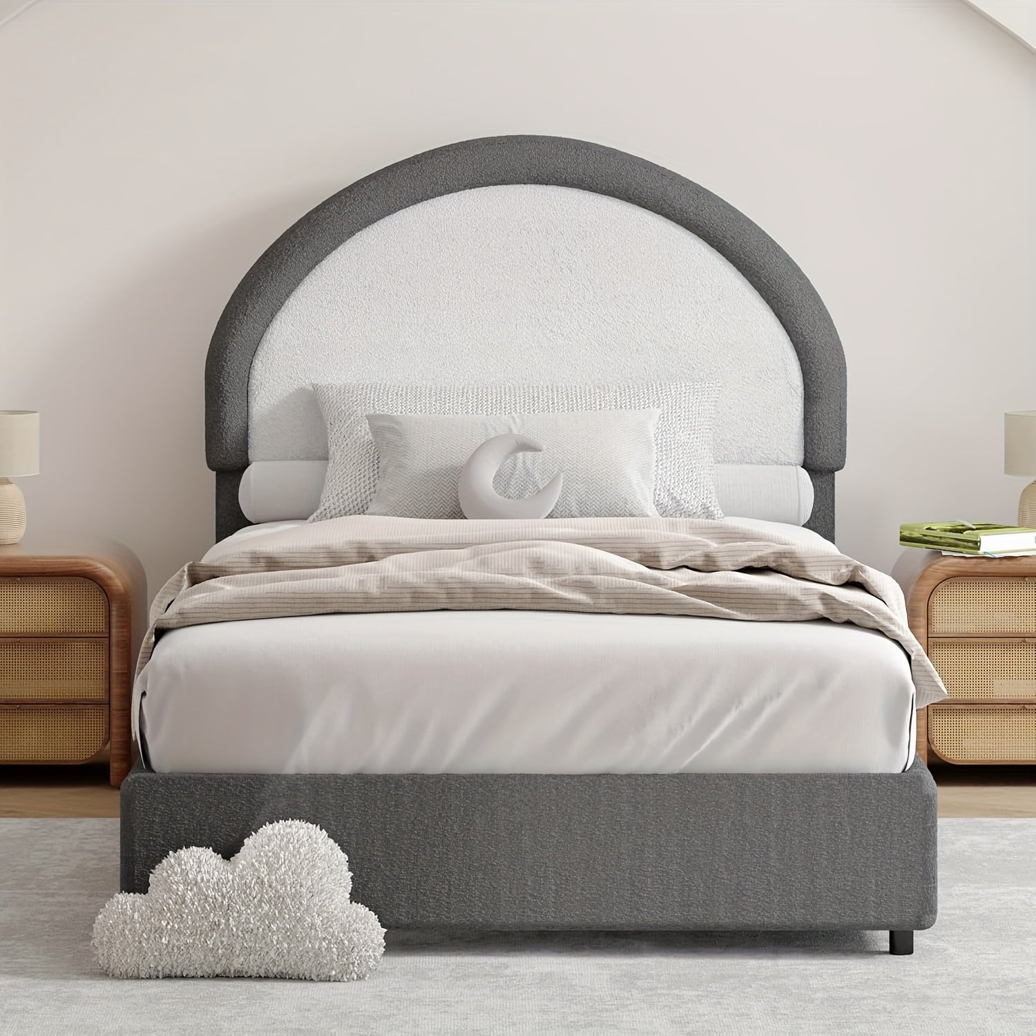 Twin Full Queen Size Bed Frame, Boucle Upholstered Platform Bed With Headboard, Soft Rounded Corners, No Box Spring Required, Easy Assembly, Pink\u002FWhite\u002FGrey