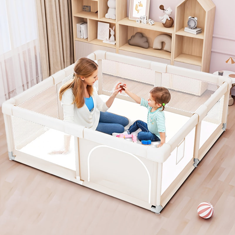 Large Baby Playpen 70.87*70.87inch (Grey\u002FBeige)Small Playpen for Babies And Toddlers Playards Indoor & Outdoor Safety Gate Floor Play Pen, Baby Play Area with Soft Breathable Visible Mesh, Anti-Fall, Indoors Playyard Fence Pin Corrales Para Babes
