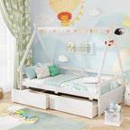 COSTWAY Classic Style Kids Daybed Frame, Hardwood & Wood-Based Panel Construction, Safety Guardrails, 2 Storage Drawers, Wood Slat Support, No Box Spring Required, for Ages 3-6 Years, Grey\u002FWhite