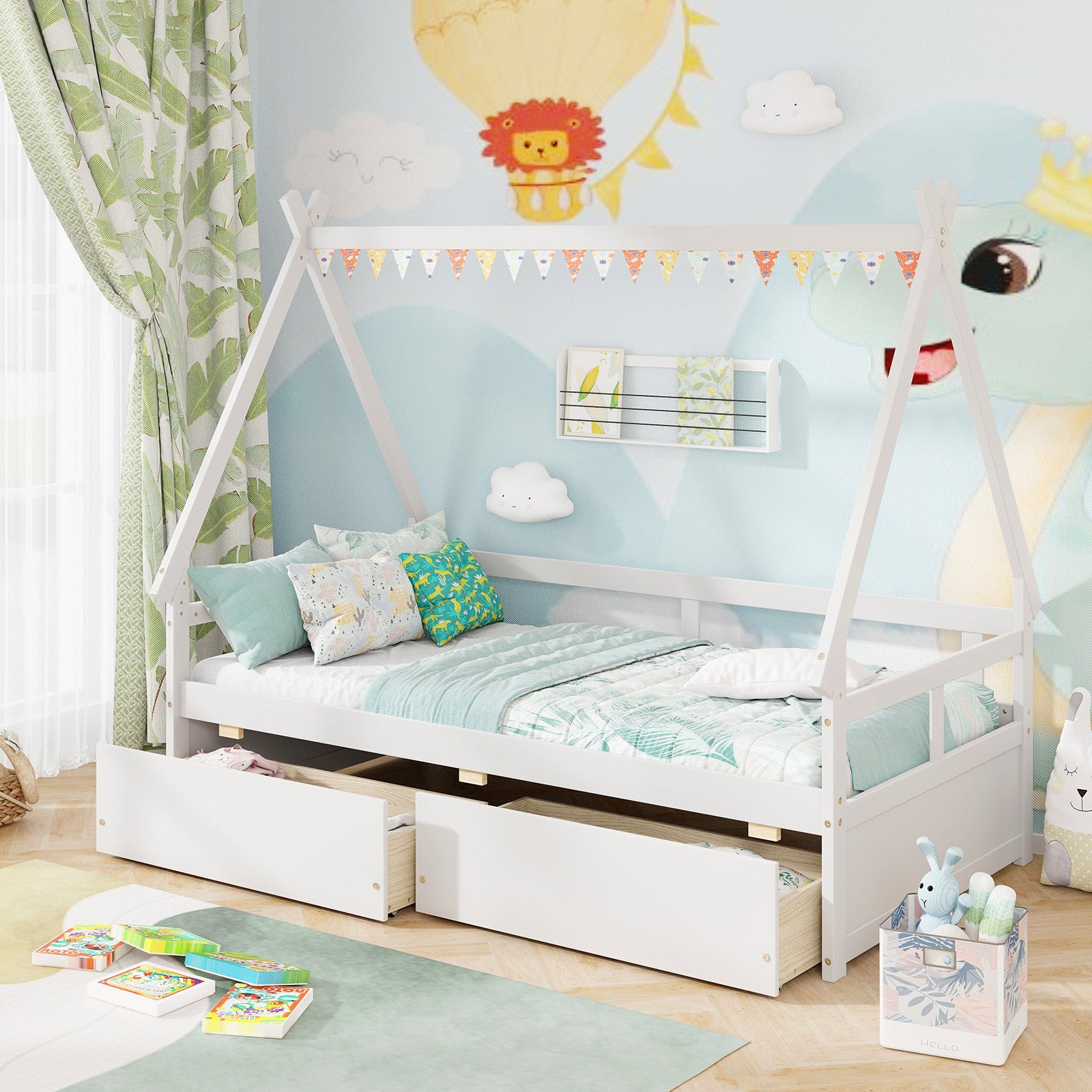 COSTWAY Classic Style Kids Daybed Frame, Hardwood & Wood-Based Panel Construction, Safety Guardrails, 2 Storage Drawers, Wood Slat Support, No Box Spring Required, for Ages 3-6 Years, Grey\u002FWhite