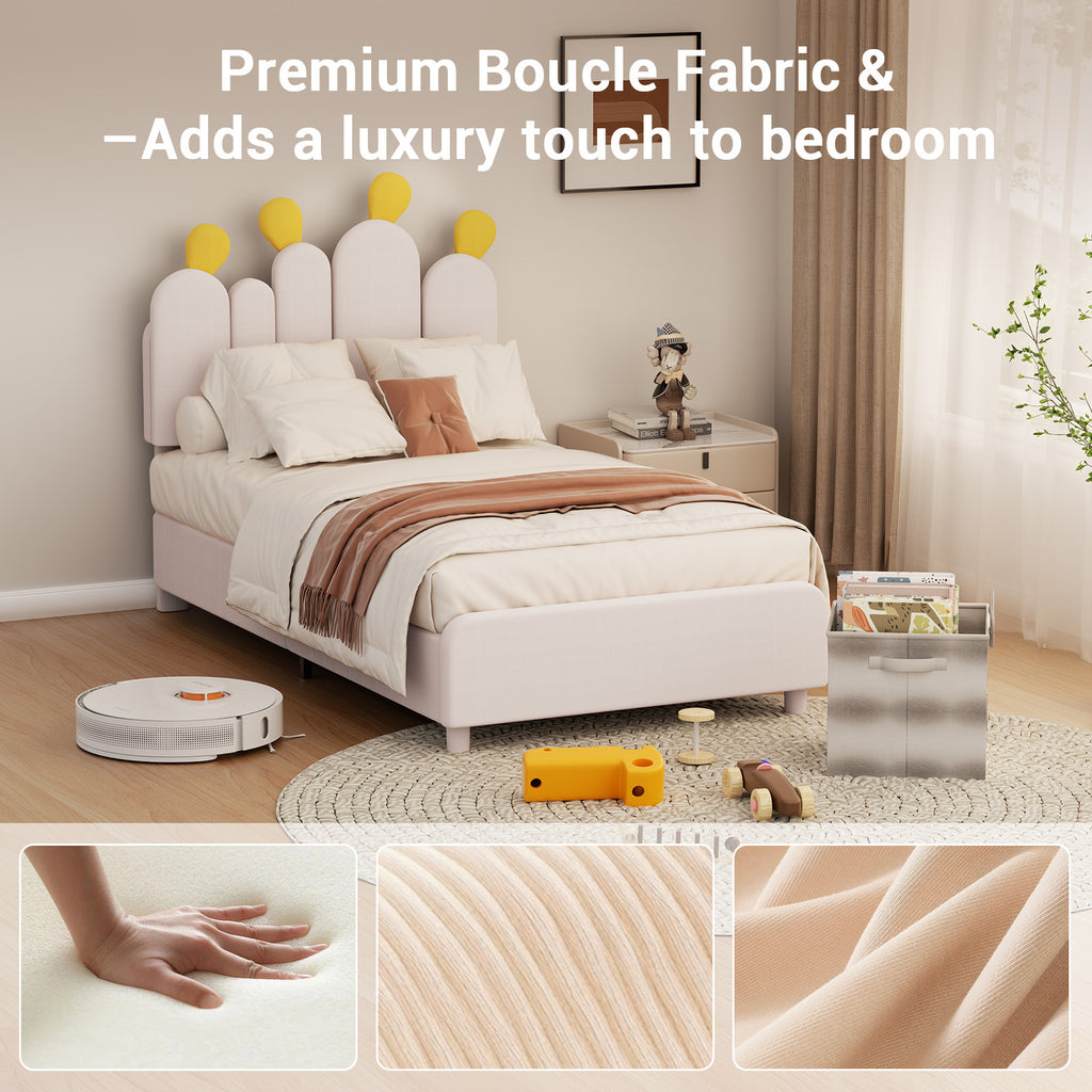 Boucle Bed Frame with Headboard .Cactus Upholstered Platform Bed, Soft Rounded Corners, Solid Wood Slats Support\u002FNo Box Spring Needed