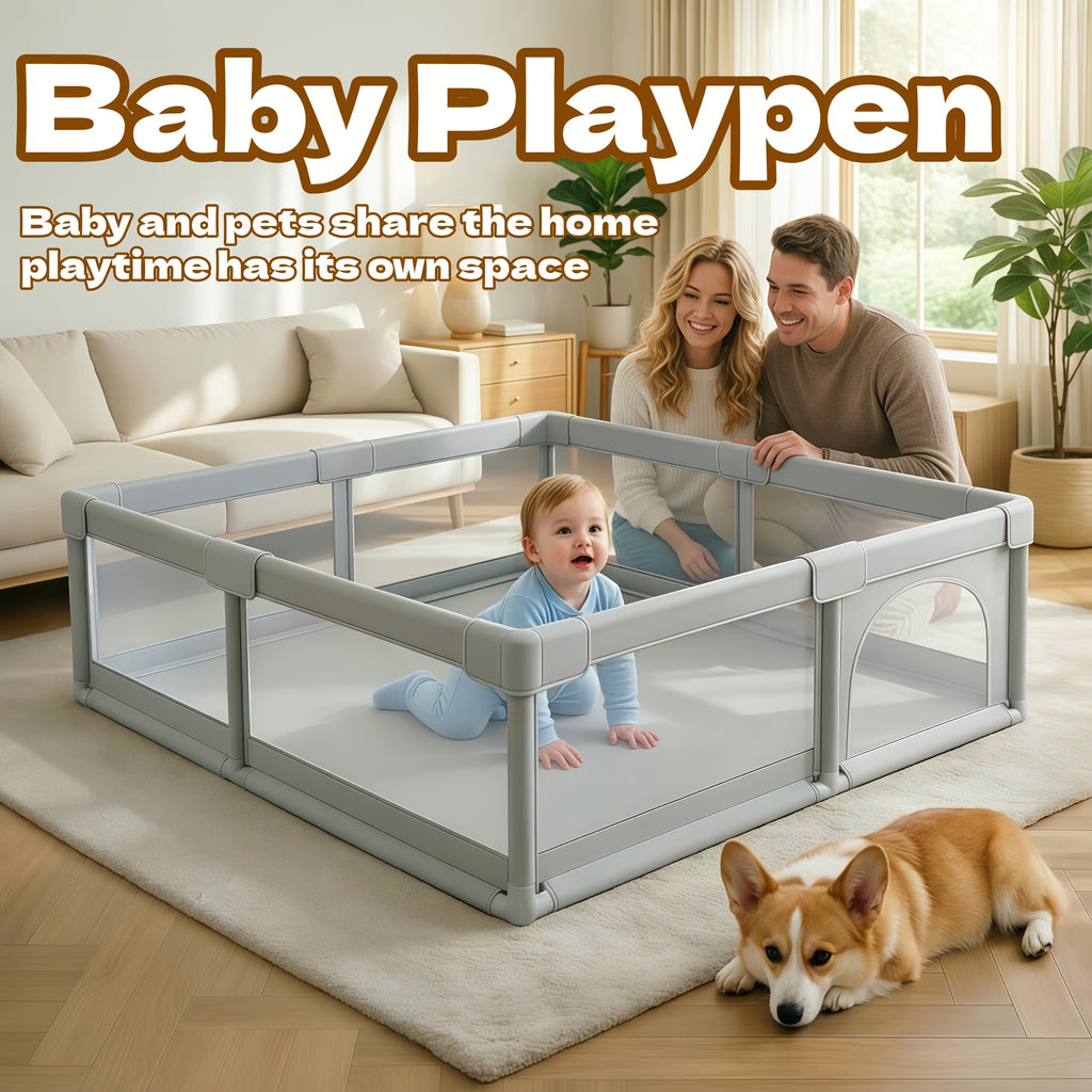 Large Baby Playpen 70.87*70.87inch (Grey\u002FBeige)Small Playpen for Babies And Toddlers Playards Indoor & Outdoor Safety Gate Floor Play Pen, Baby Play Area with Soft Breathable Visible Mesh, Anti-Fall, Indoors Playyard Fence Pin Corrales Para Babes
