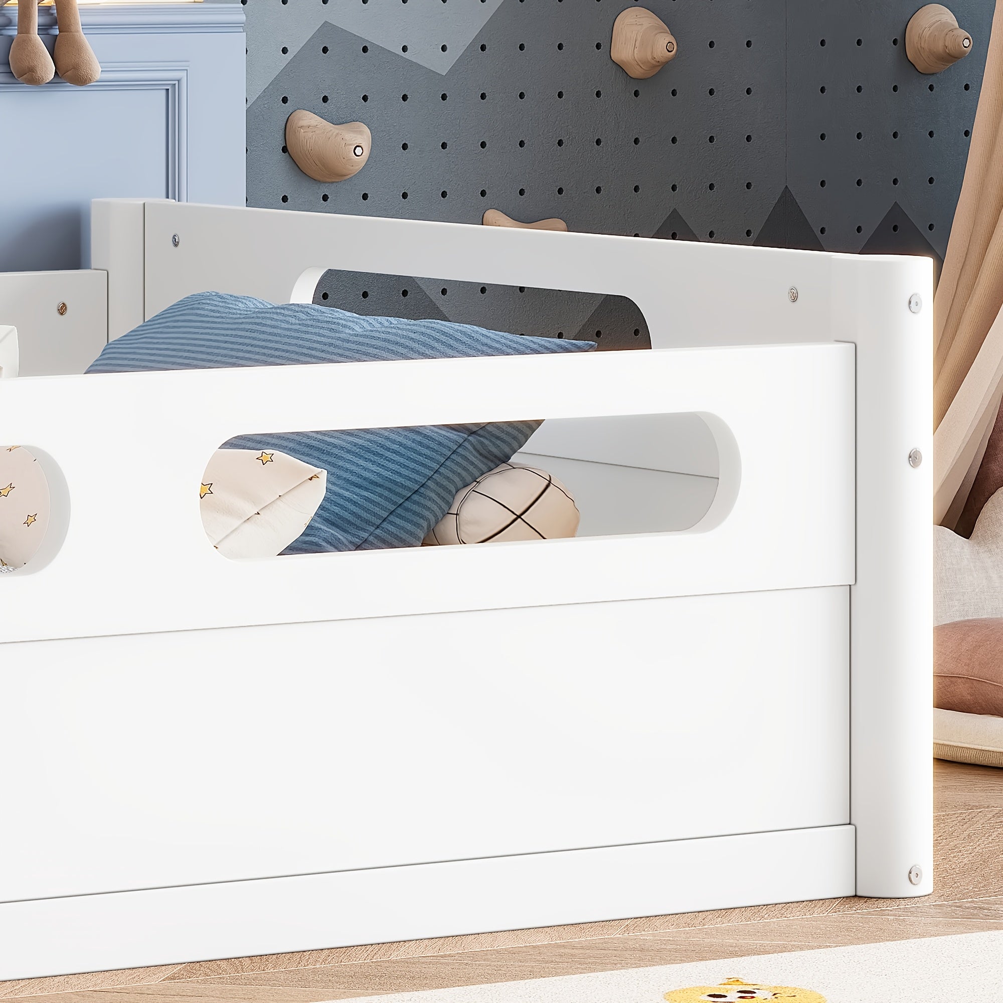 BELLEMAVE Twin Size Floor Platform Bed with Full-length Guardrails, Low Profile Twin Bed Frame, No Box Spring Needed, White