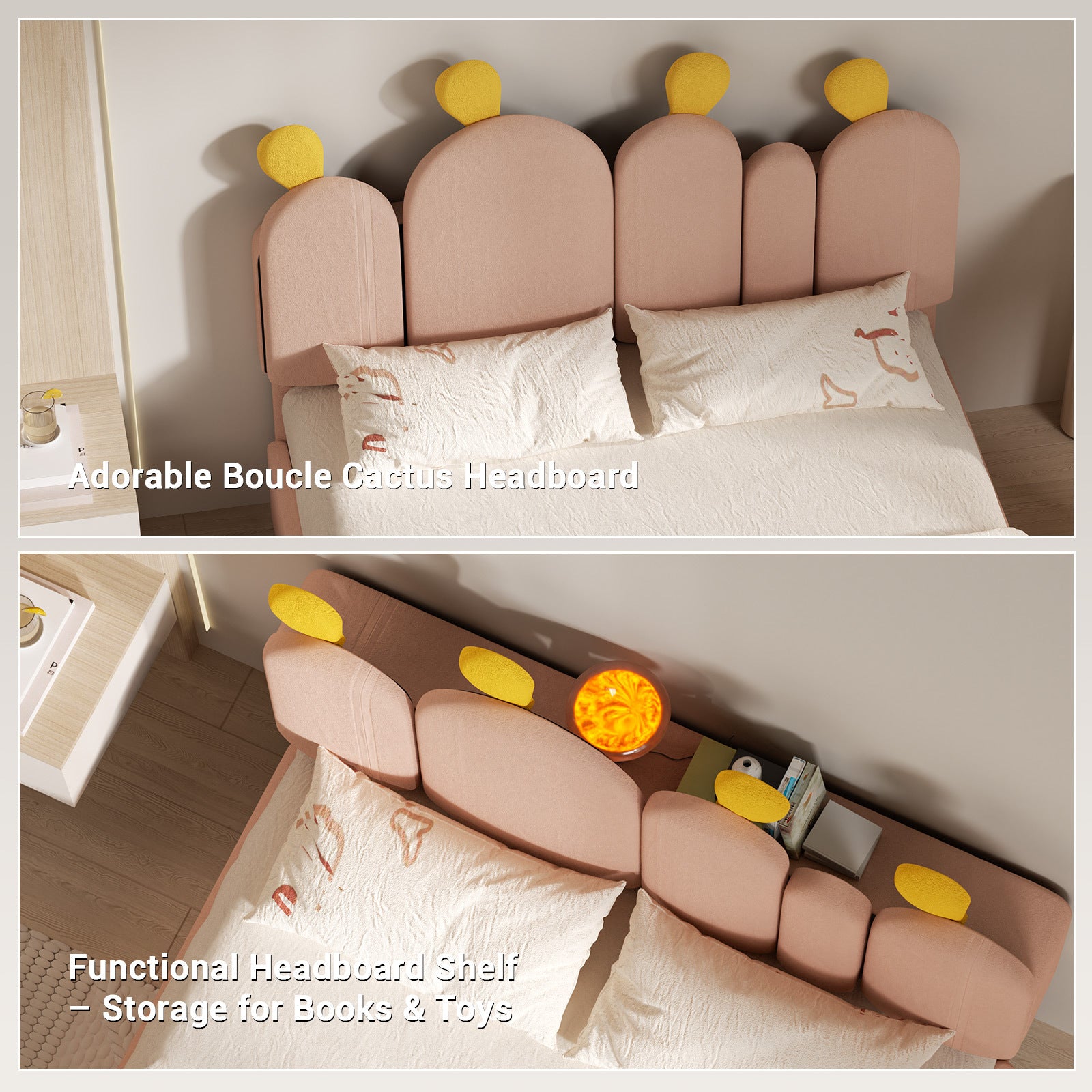 Boucle Bed Frame with Headboard .Cactus Upholstered Platform Bed, Soft Rounded Corners, Solid Wood Slats Support\u002FNo Box Spring Needed