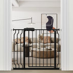 Extra Wide Pressure Mounted Safety Gate with Walk Through Door, Auto Close Swing Design, Metal Pet Gate for Stairs Doorways Kitchen, Black\u002FWhite