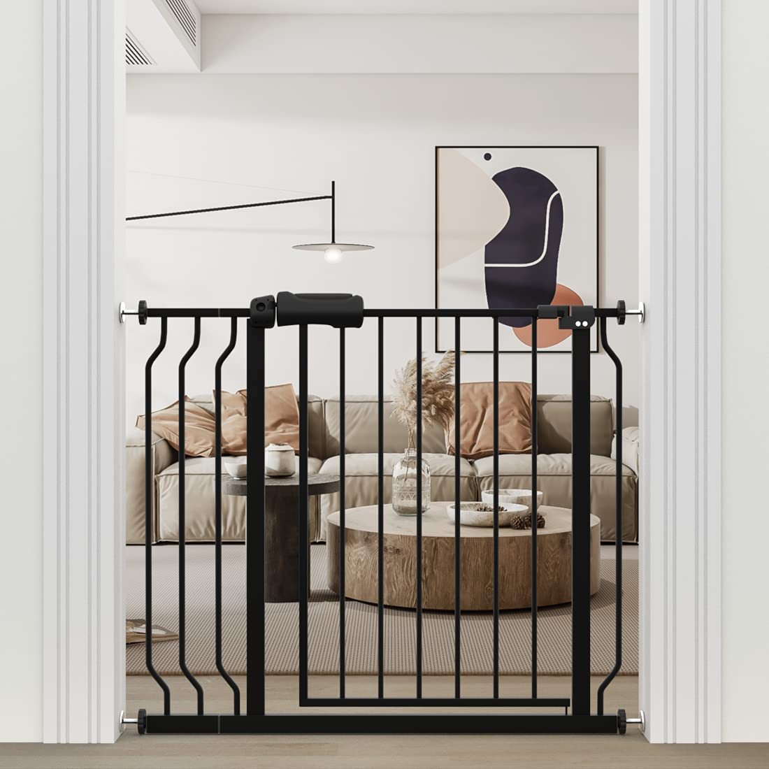 Extra Wide Pressure Mounted Safety Gate with Walk Through Door, Auto Close Swing Design, Metal Pet Gate for Stairs Doorways Kitchen, Black\u002FWhite
