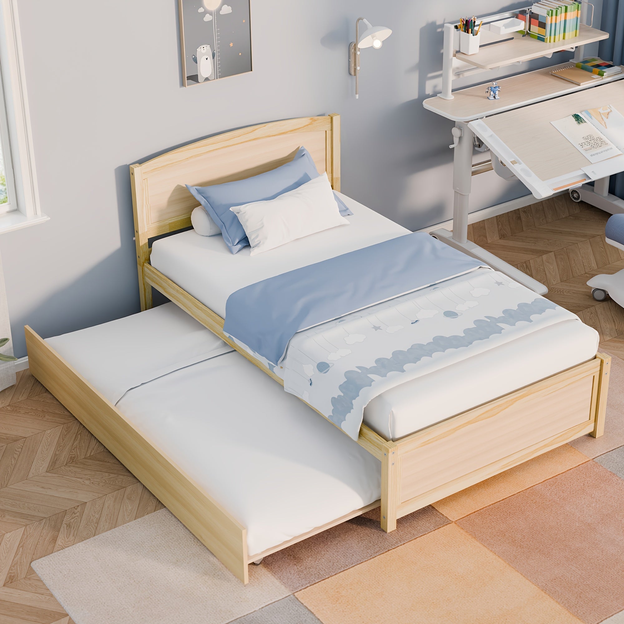 Twin Bed with Trundle, Wood Bed Frame with Headboard And Footboard Wood Platform Captain Beds