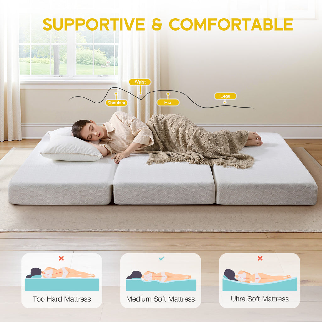 6 Inch Tri-Fold Memory Foam Mattress, Portable Folding Bed with Removable Washable Cover, Floor Mattress