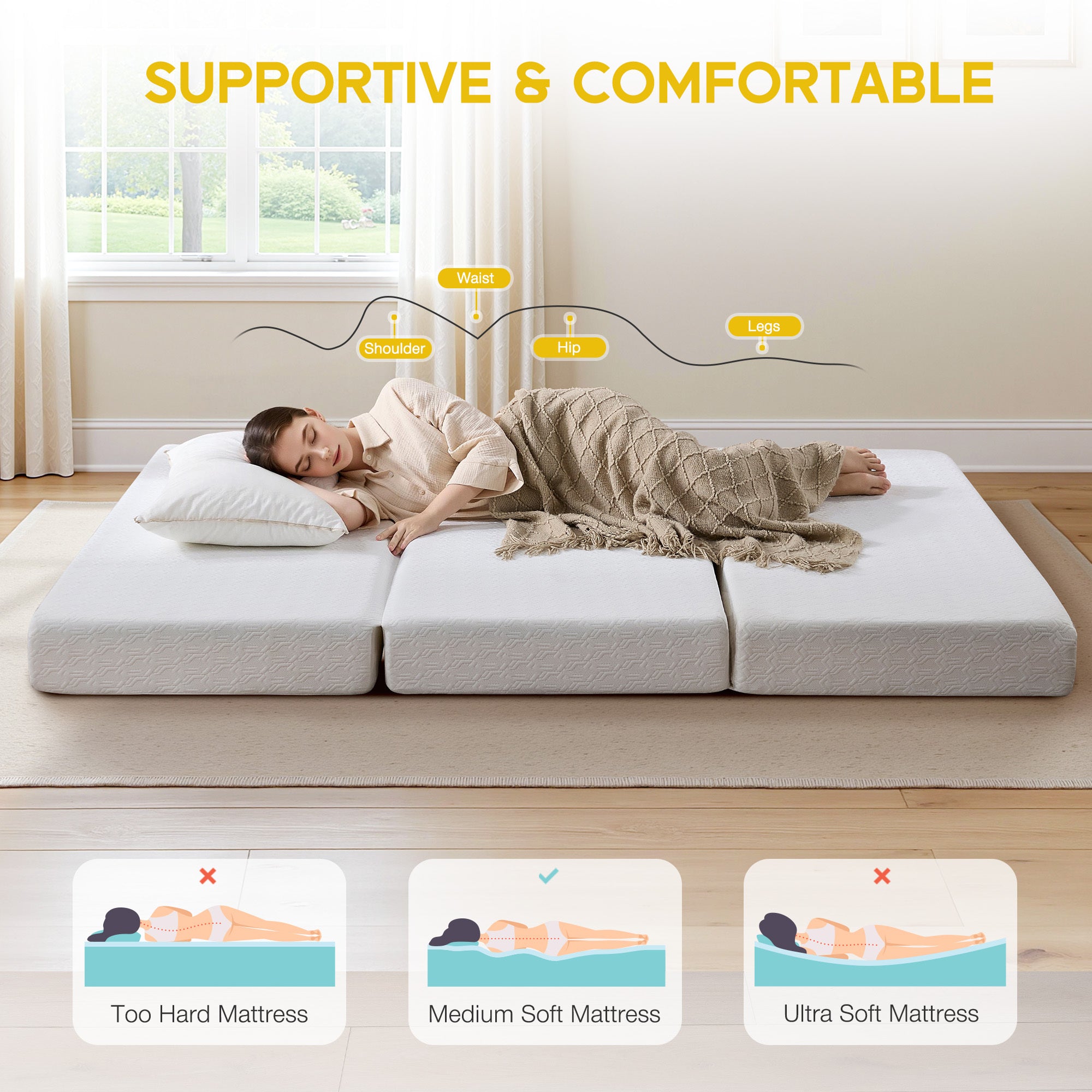 6 Inch Tri-Fold Memory Foam Mattress, Portable Folding Bed with Removable Washable Cover, Floor Mattress