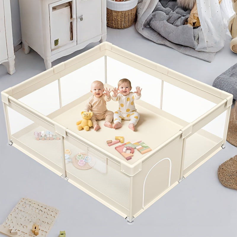 Large Baby Playpen 70.87*70.87inch (Grey\u002FBeige)Small Playpen for Babies And Toddlers Playards Indoor & Outdoor Safety Gate Floor Play Pen, Baby Play Area with Soft Breathable Visible Mesh, Anti-Fall, Indoors Playyard Fence Pin Corrales Para Babes
