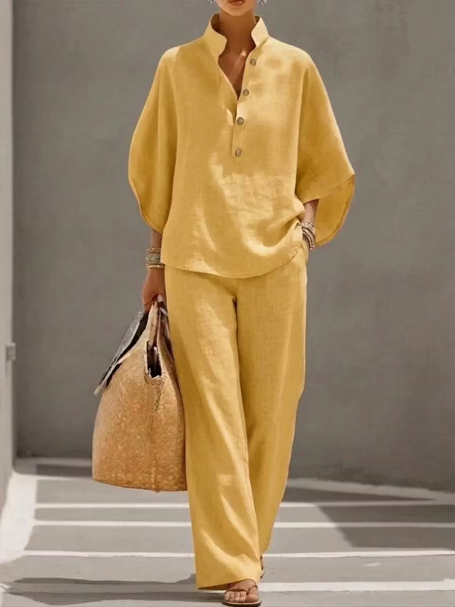 🔥Last Day 49% OFF🔥Women's Batwing Sleeve Linen Cotton Two-Piece Set – Casual Shirt & Wide Leg Pants Outfit