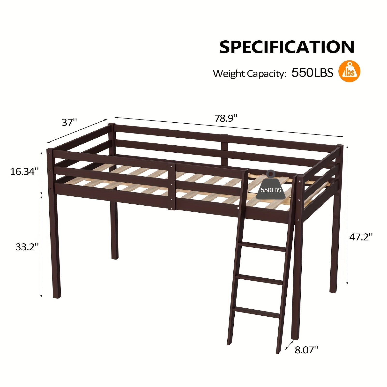 Bonnlo Twin\u002FFull Low Loft Bed with Inclined Stairs - Solid Wood & MDF Bunk Bed Frame, High Guard Rail, No Box Spring Needed, Space-Saving Bed for,,, Small Rooms (No Assembly Required)