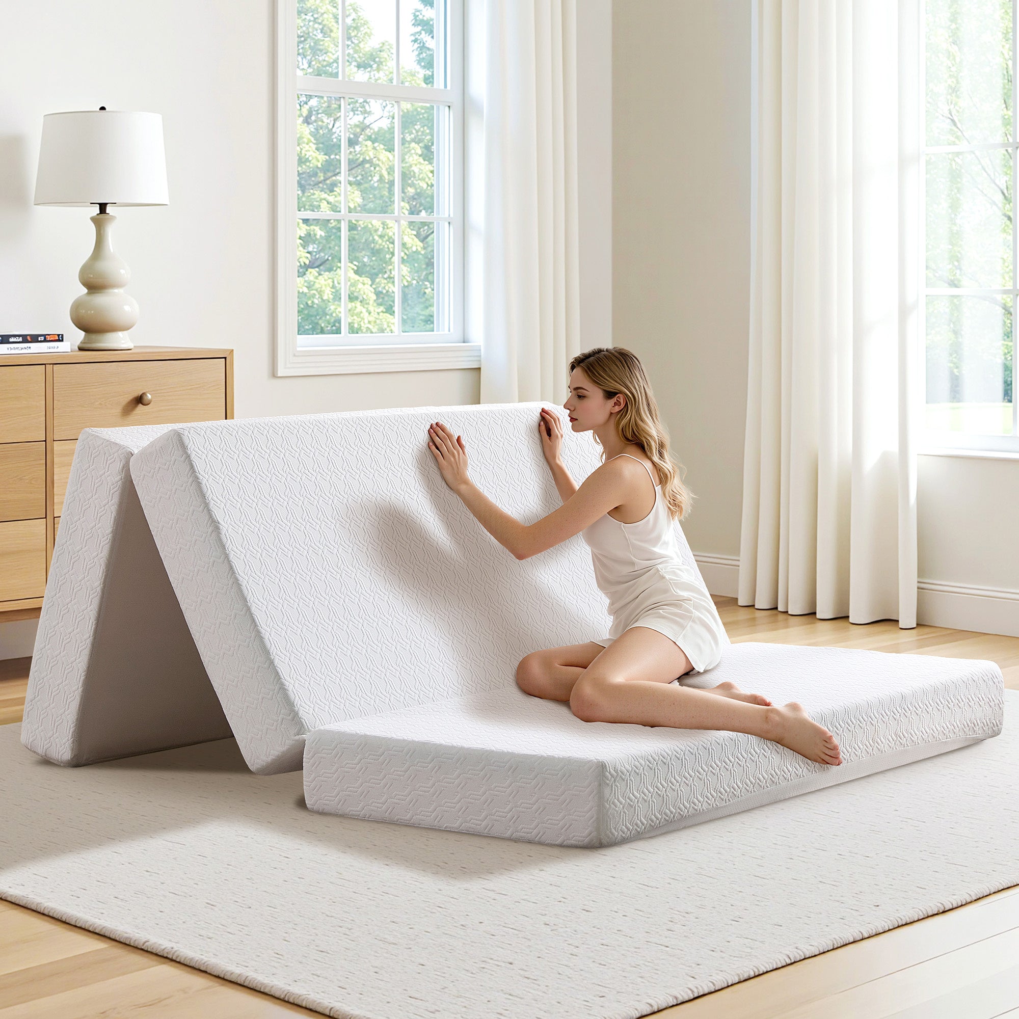 6 Inch Tri-Fold Memory Foam Mattress, Portable Folding Bed with Removable Washable Cover, Floor Mattress