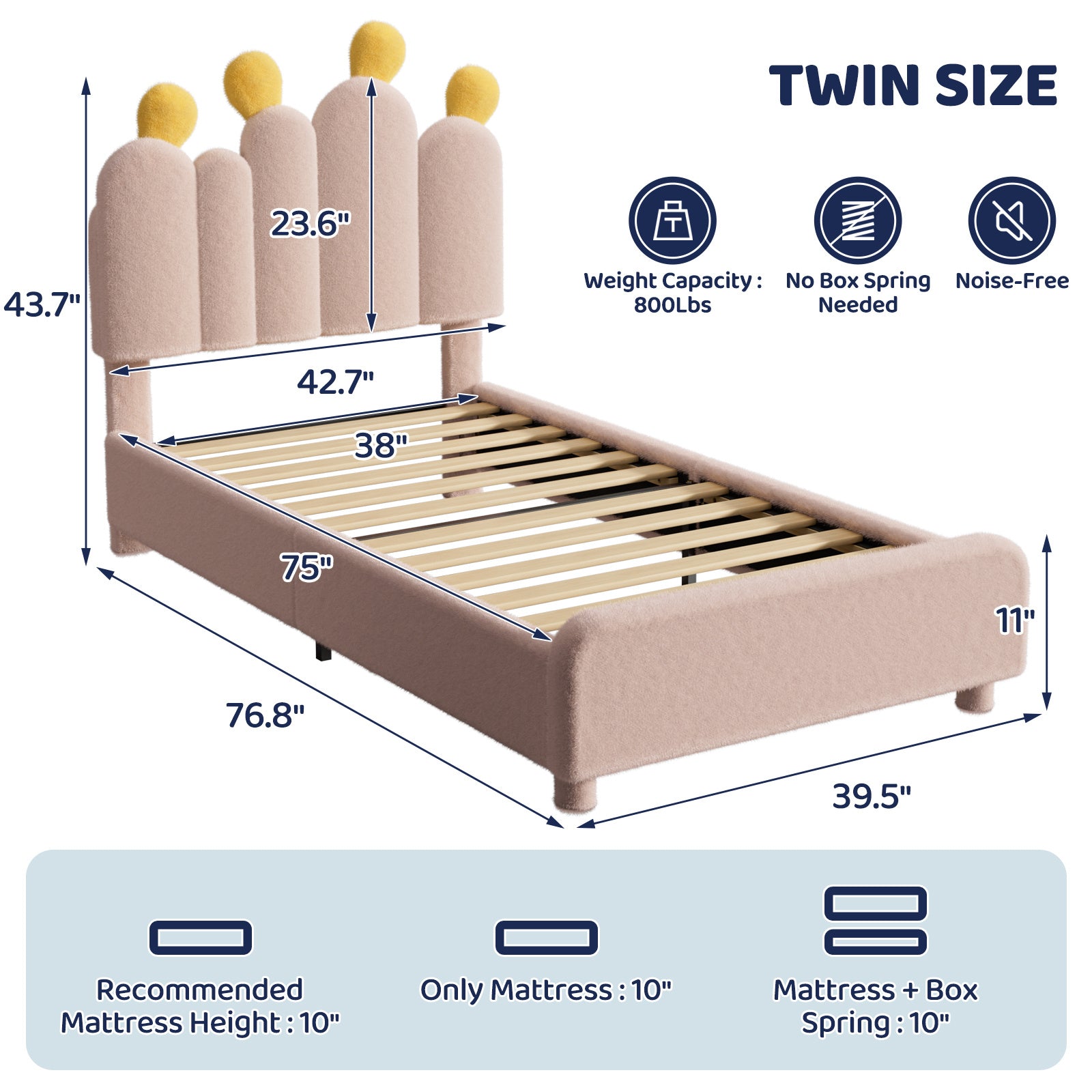 Boucle Bed Frame with Headboard .Cactus Upholstered Platform Bed, Soft Rounded Corners, Solid Wood Slats Support\u002FNo Box Spring Needed
