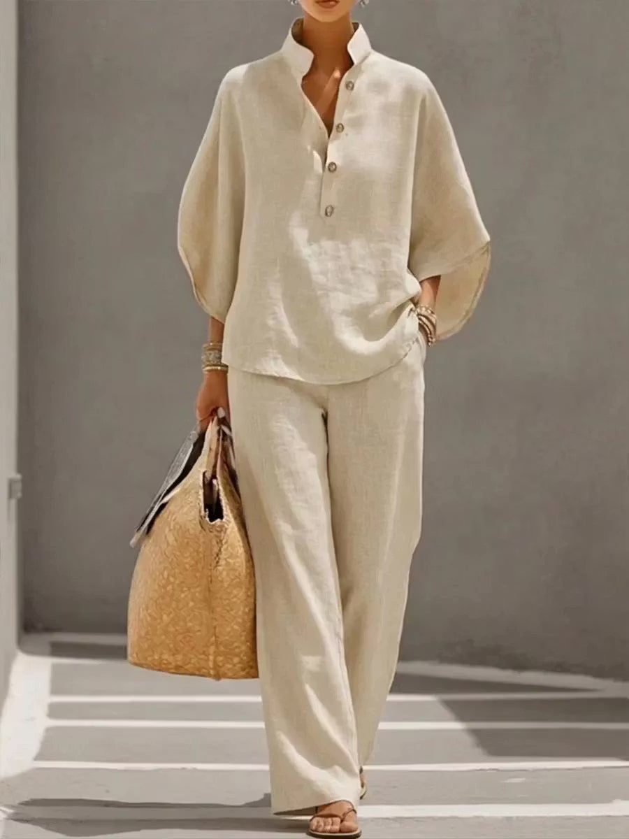 🔥Last Day 49% OFF🔥Women's Batwing Sleeve Linen Cotton Two-Piece Set – Casual Shirt & Wide Leg Pants Outfit