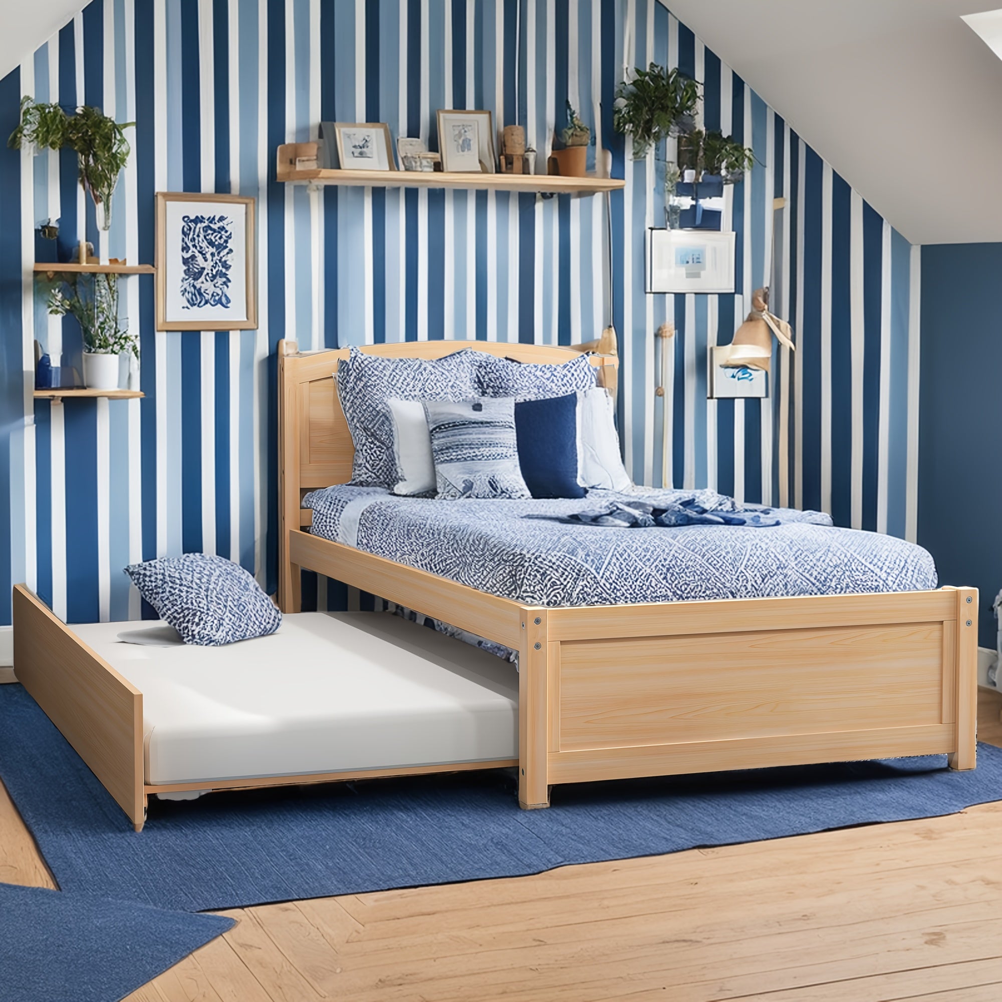 Twin Bed with Trundle, Wood Bed Frame with Headboard And Footboard Wood Platform Captain Beds
