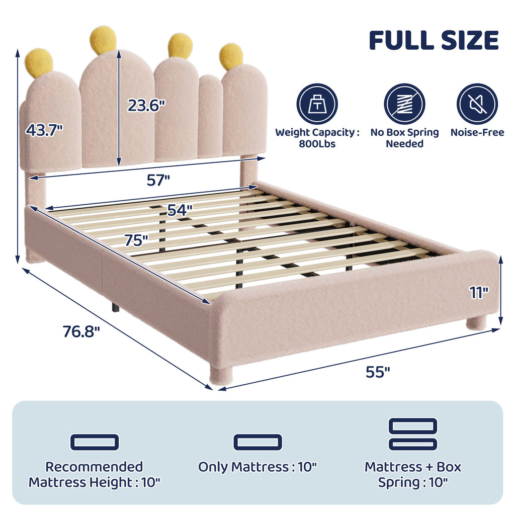 Boucle Bed Frame with Headboard .Cactus Upholstered Platform Bed, Soft Rounded Corners, Solid Wood Slats Support\u002FNo Box Spring Needed