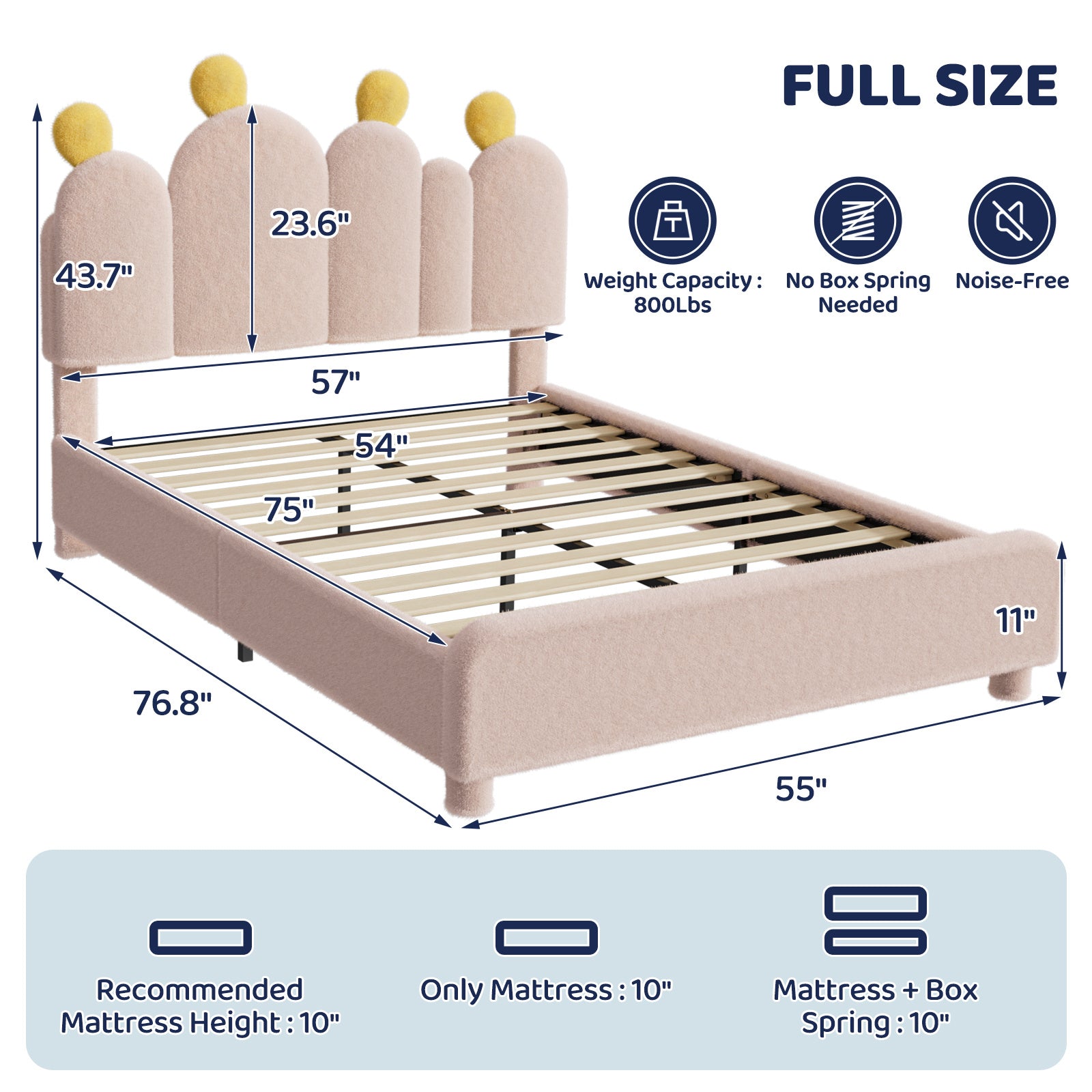 Boucle Bed Frame with Headboard .Cactus Upholstered Platform Bed, Soft Rounded Corners, Solid Wood Slats Support\u002FNo Box Spring Needed
