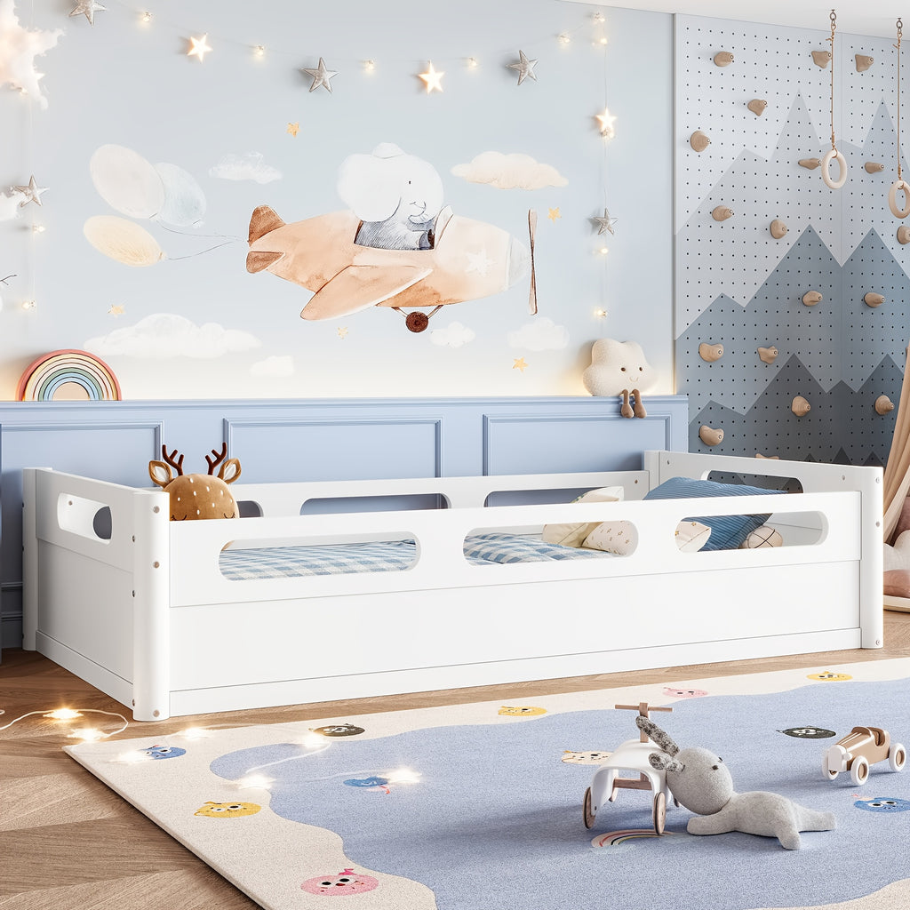 BELLEMAVE Twin Size Floor Platform Bed with Full-length Guardrails, Low Profile Twin Bed Frame, No Box Spring Needed, White