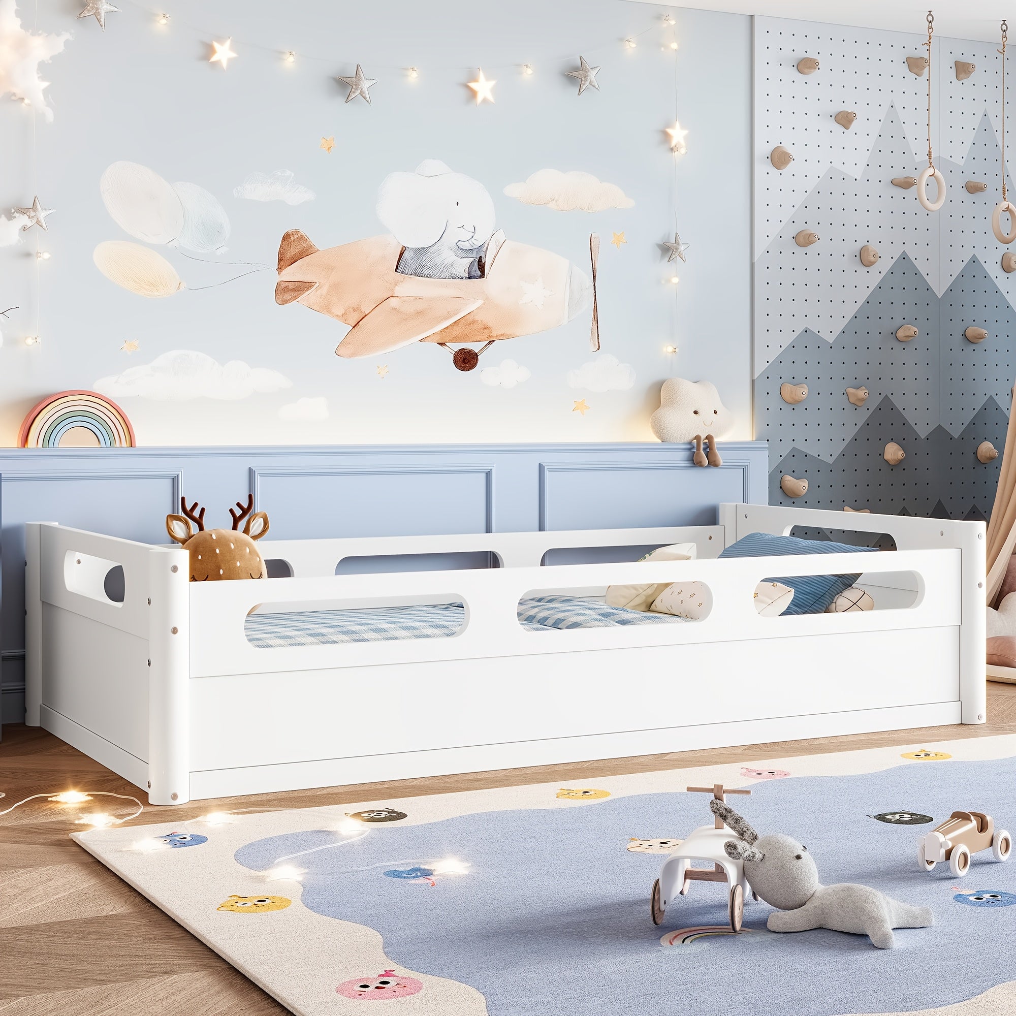 BELLEMAVE Twin Size Floor Platform Bed with Full-length Guardrails, Low Profile Twin Bed Frame, No Box Spring Needed, White