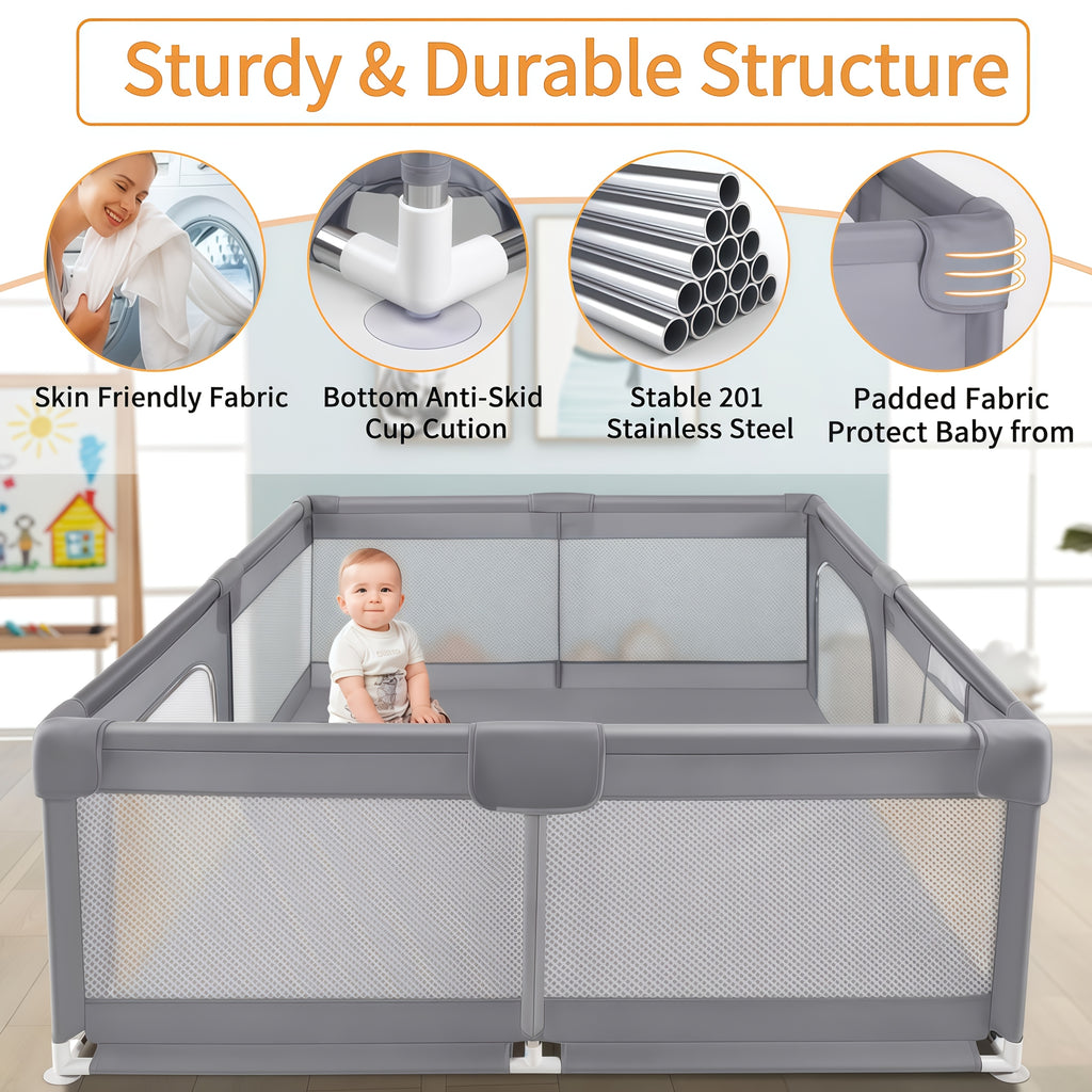 Large Baby Playpen 70.87*70.87inch (Grey\u002FBeige)Small Playpen for Babies And Toddlers Playards Indoor & Outdoor Safety Gate Floor Play Pen, Baby Play Area with Soft Breathable Visible Mesh, Anti-Fall, Indoors Playyard Fence Pin Corrales Para Babes