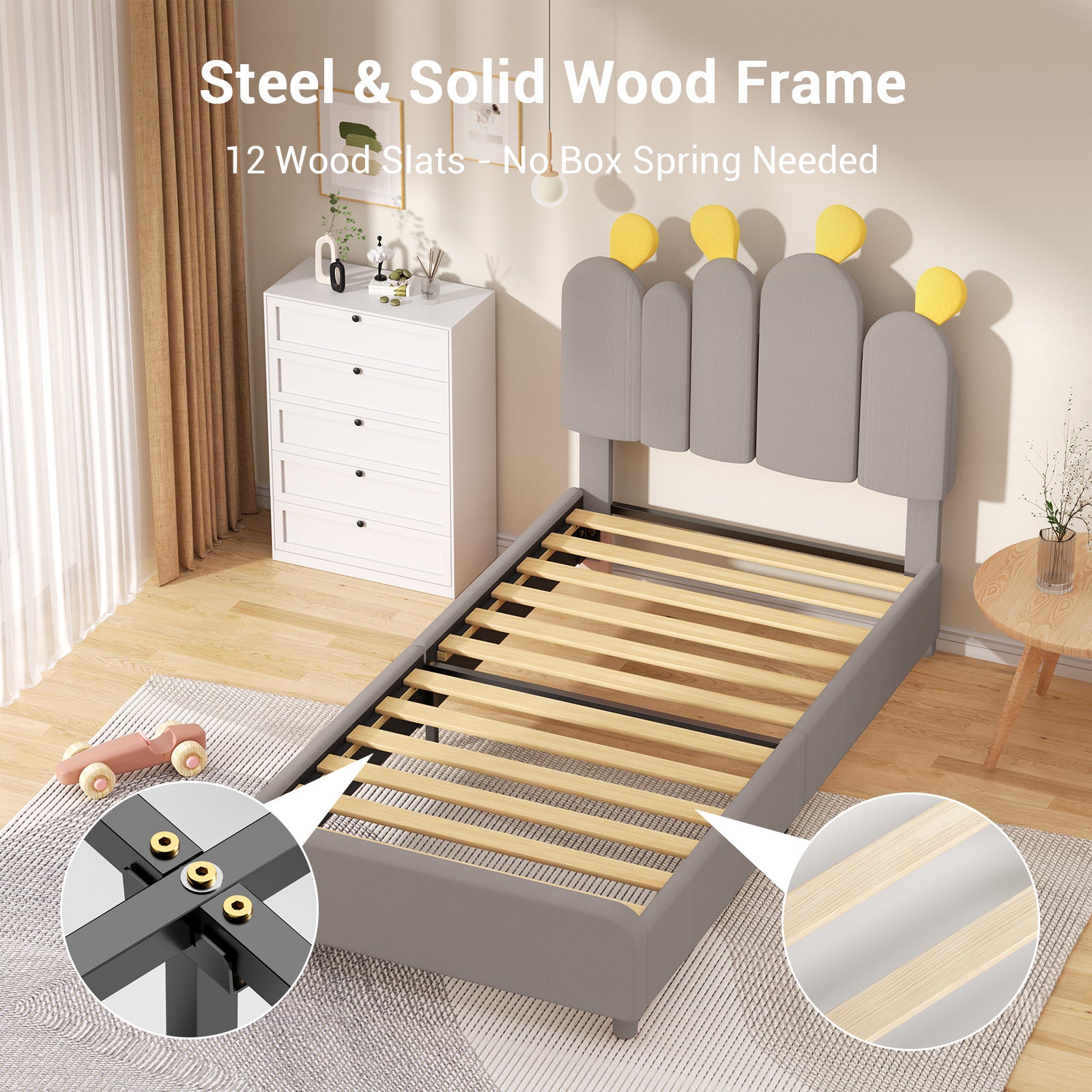 Boucle Bed Frame with Headboard .Cactus Upholstered Platform Bed, Soft Rounded Corners, Solid Wood Slats Support\u002FNo Box Spring Needed