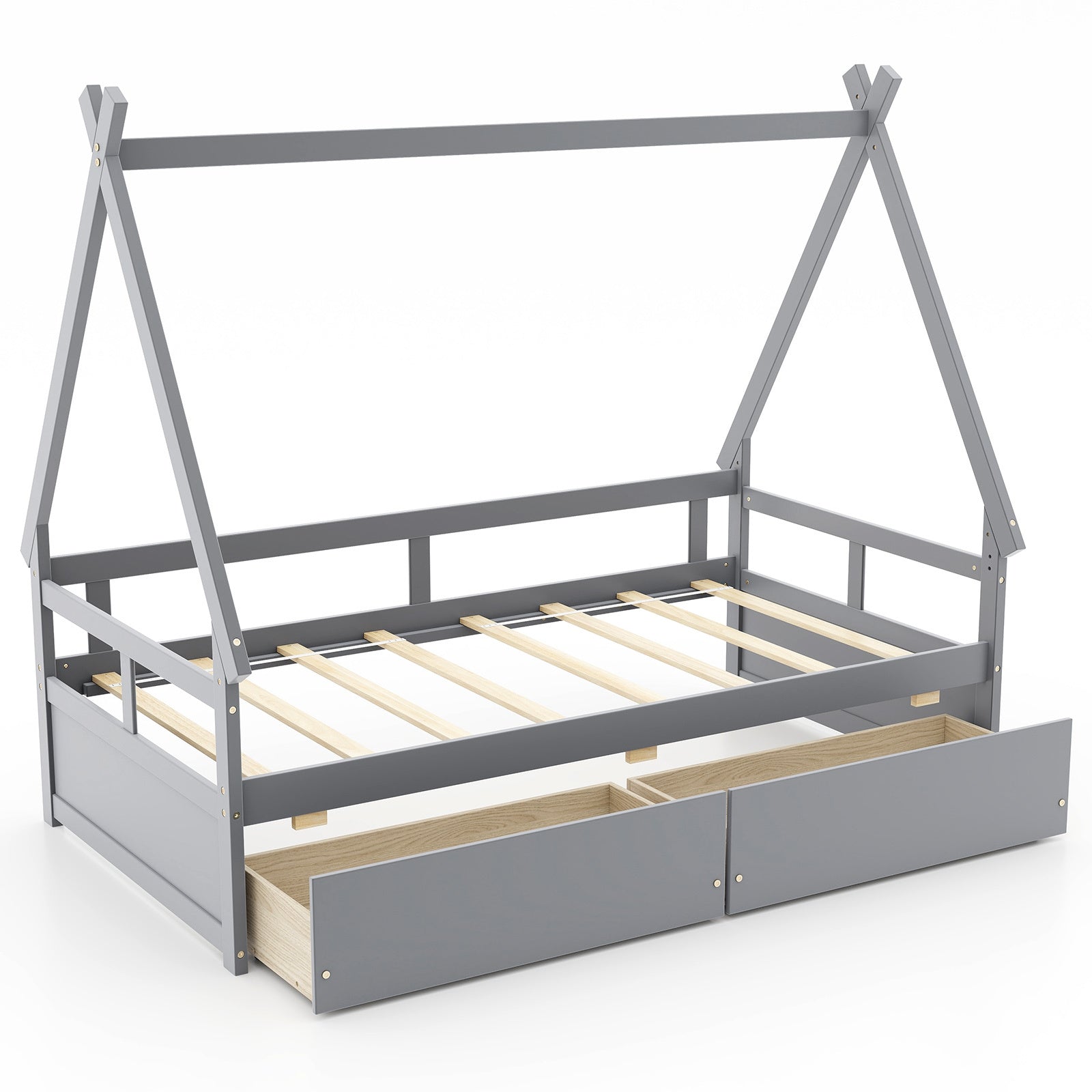 COSTWAY Classic Style Kids Daybed Frame, Hardwood & Wood-Based Panel Construction, Safety Guardrails, 2 Storage Drawers, Wood Slat Support, No Box Spring Required, for Ages 3-6 Years, Grey\u002FWhite