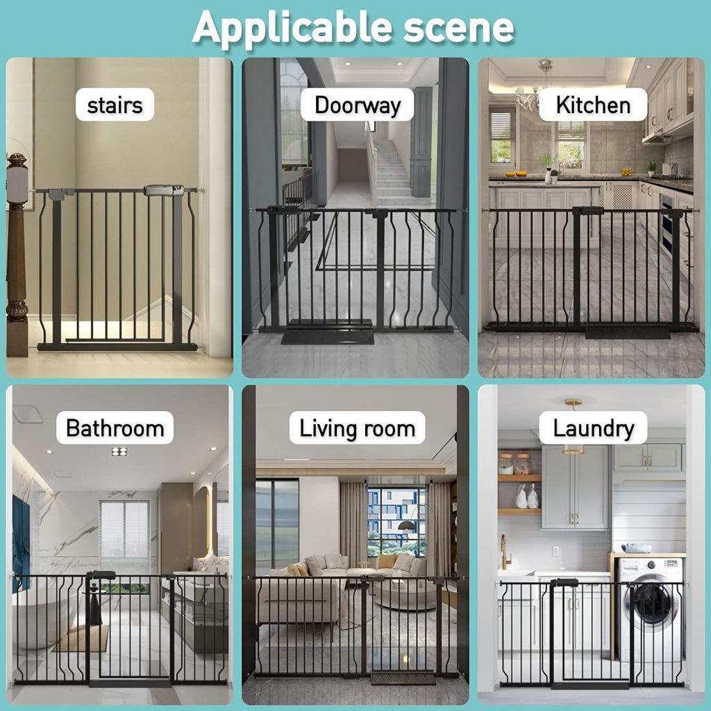 Extra Wide Pressure Mounted Safety Gate with Walk Through Door, Auto Close Swing Design, Metal Pet Gate for Stairs Doorways Kitchen, Black\u002FWhite