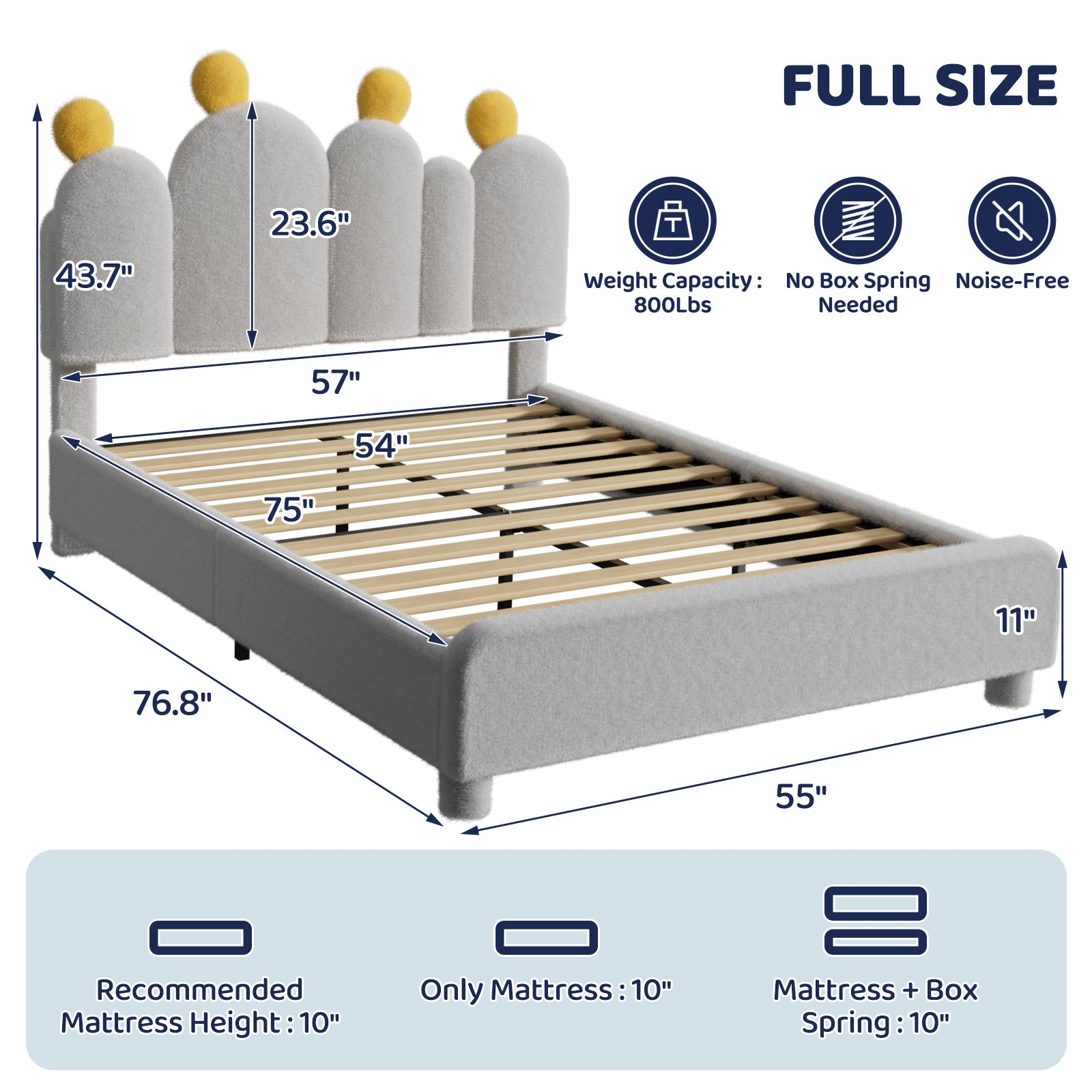 Boucle Bed Frame with Headboard .Cactus Upholstered Platform Bed, Soft Rounded Corners, Solid Wood Slats Support\u002FNo Box Spring Needed